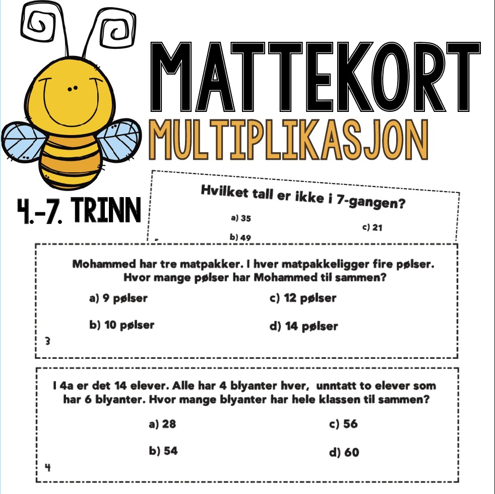 Oppgavekort med svaralternativer: Multiplikasjon