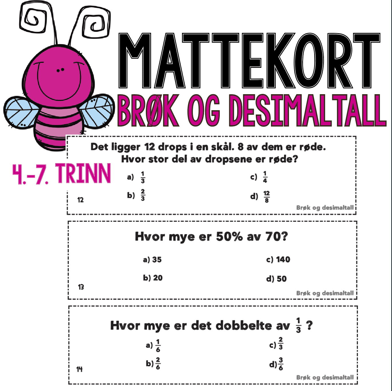 Oppgavekort med svaralternativer: Brøk, prosent, desimaltall