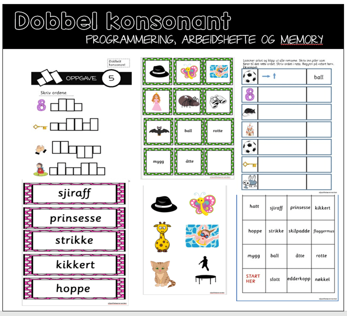 Dobbel konsonant – programmering, arbeidshefte og memory
