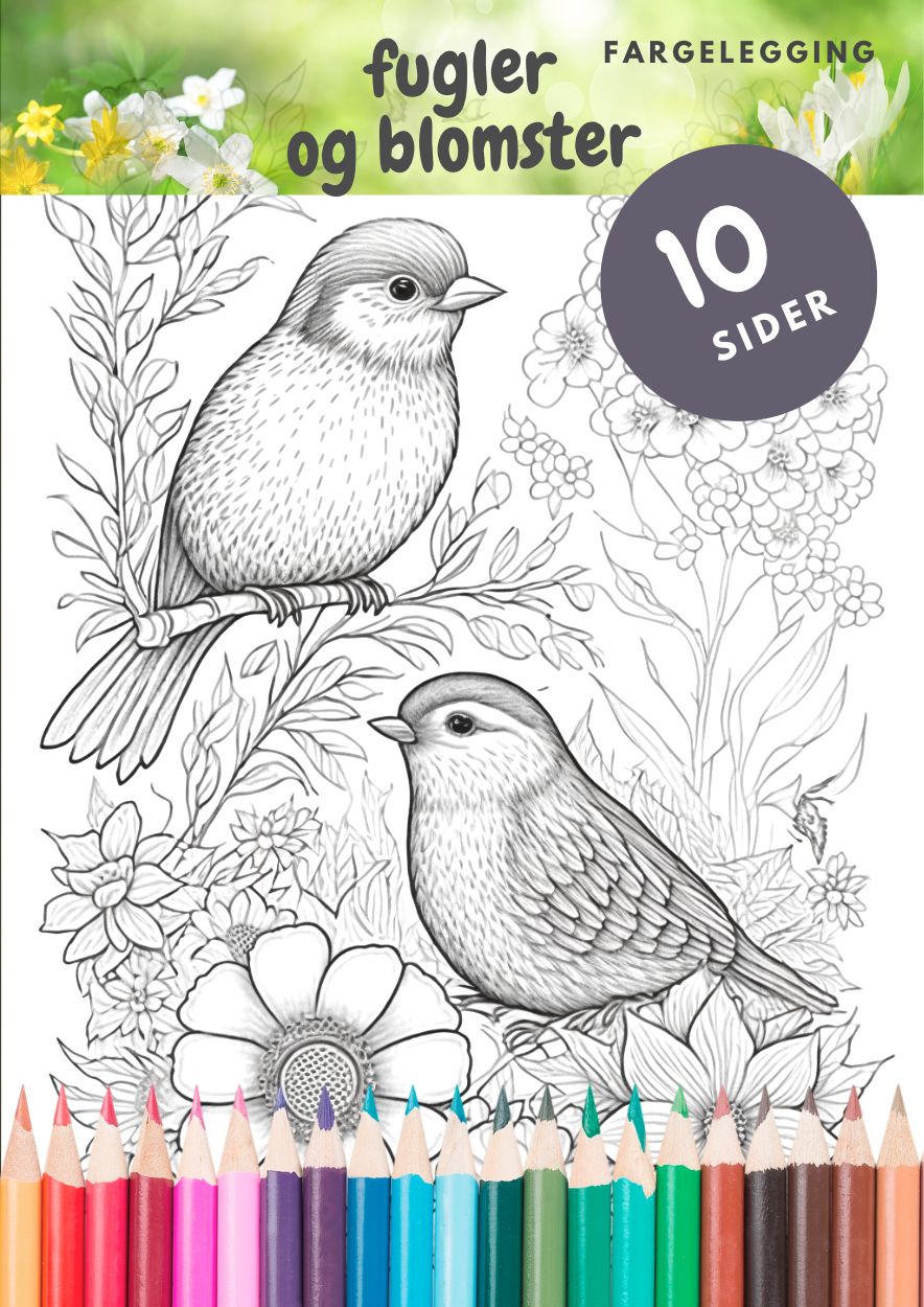 Fugler og blomster 10 sider