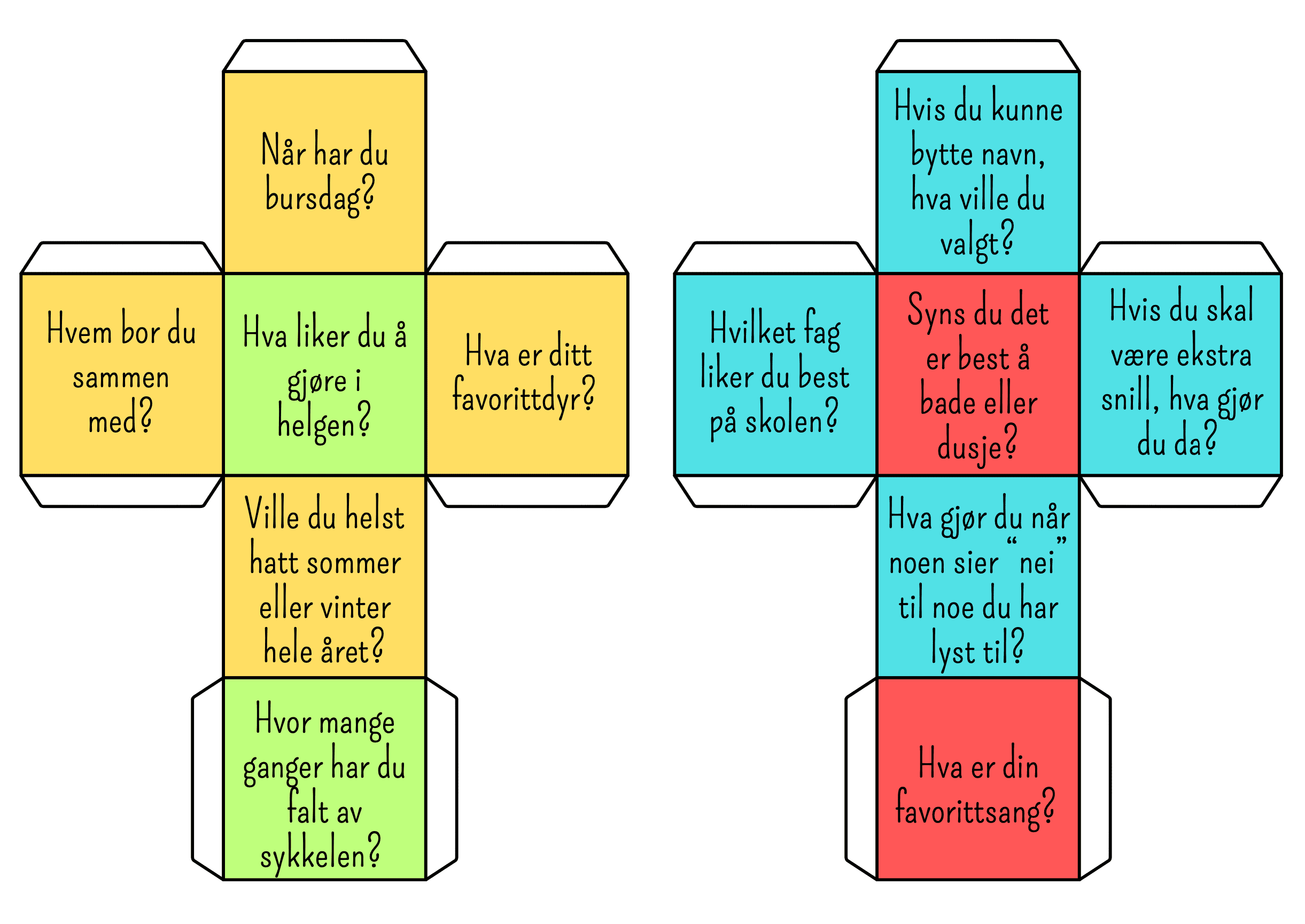 Terninger med bli-kjent-spørsmål og mal så man kan lage egne / 3 ferdige terninger + en blank