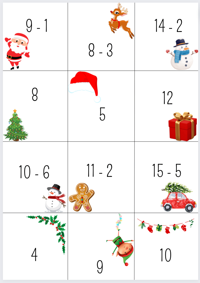 Match subtraksjonsstykkene / matematikk / subtraksjon / 30 oppgaver / jul