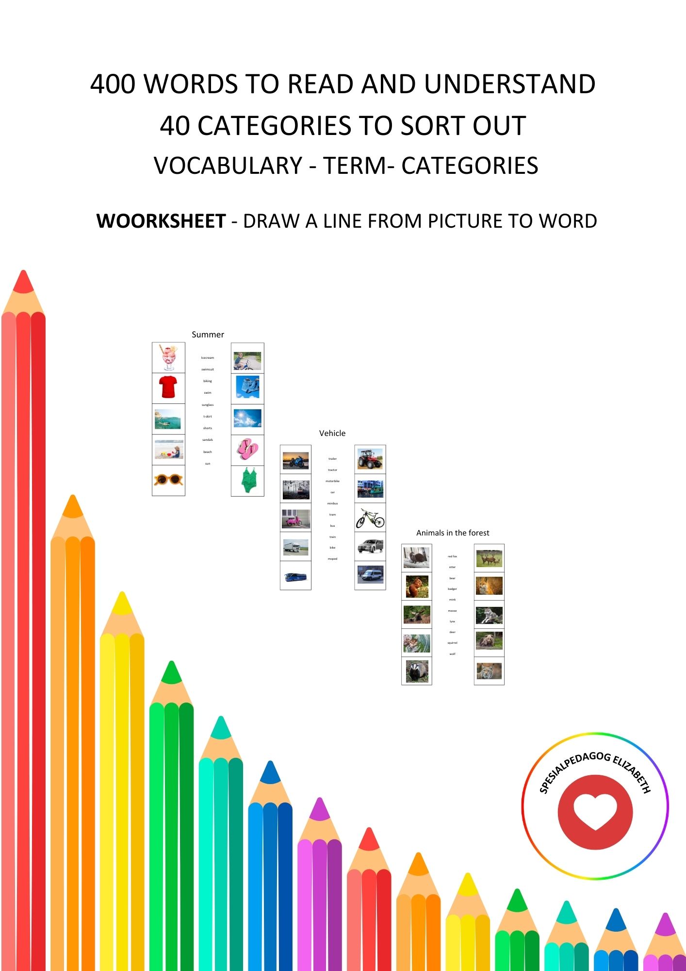 400 engelske ord å lese og forstå, 40 kategorier, arbeidsark for ordforråd, kategorisering og begrep