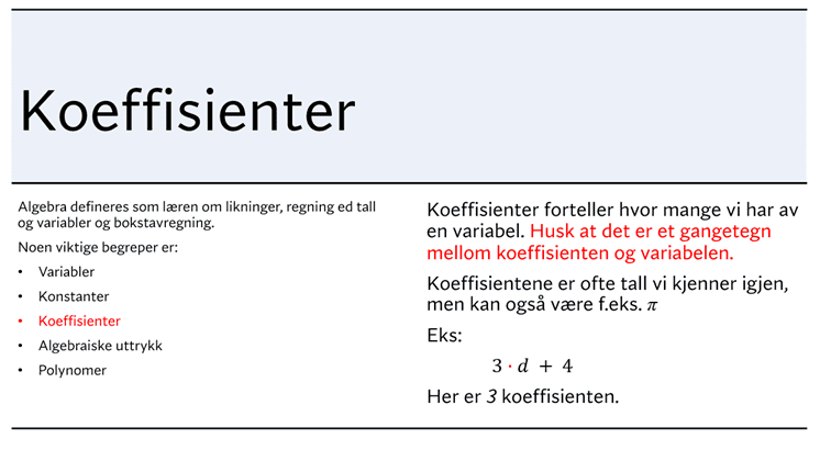 Presentasjon begreper innen algebra