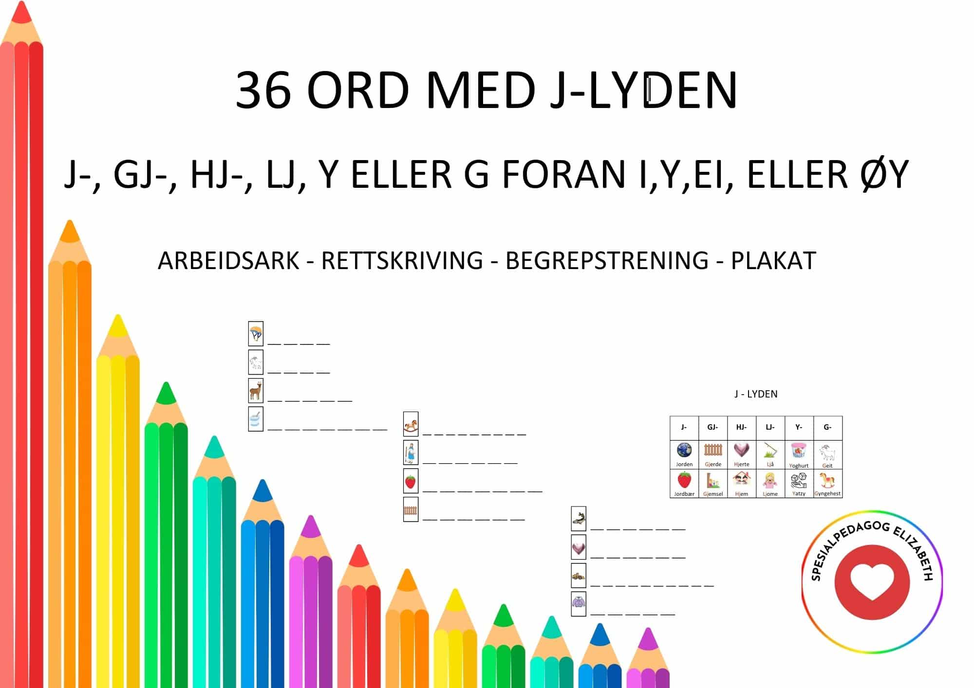 36 ord med j-lyden – arbeidsark/rettskriving/begrepstrening