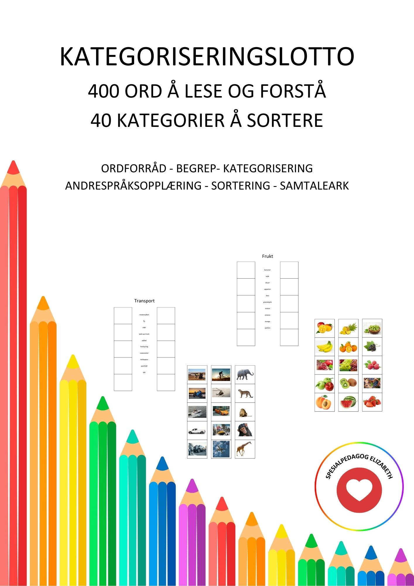 Kategoriseringslotto, 40 kategorier å sortere, 400 ord å lese og forstå