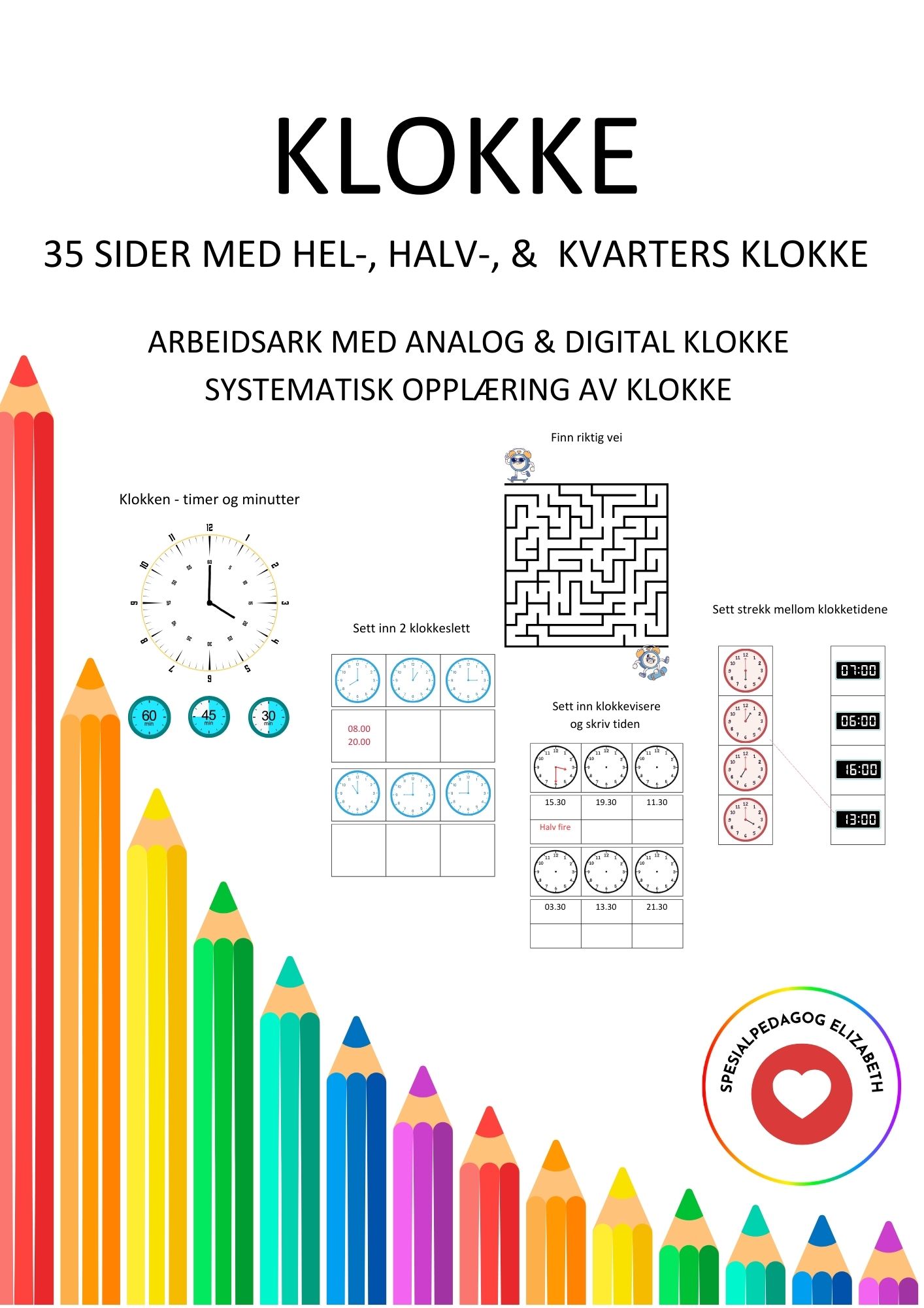 Klokke 1 – hel-, halv-, og kvart klokke, arbeidsark for analog og digital klokke, dag- og natt