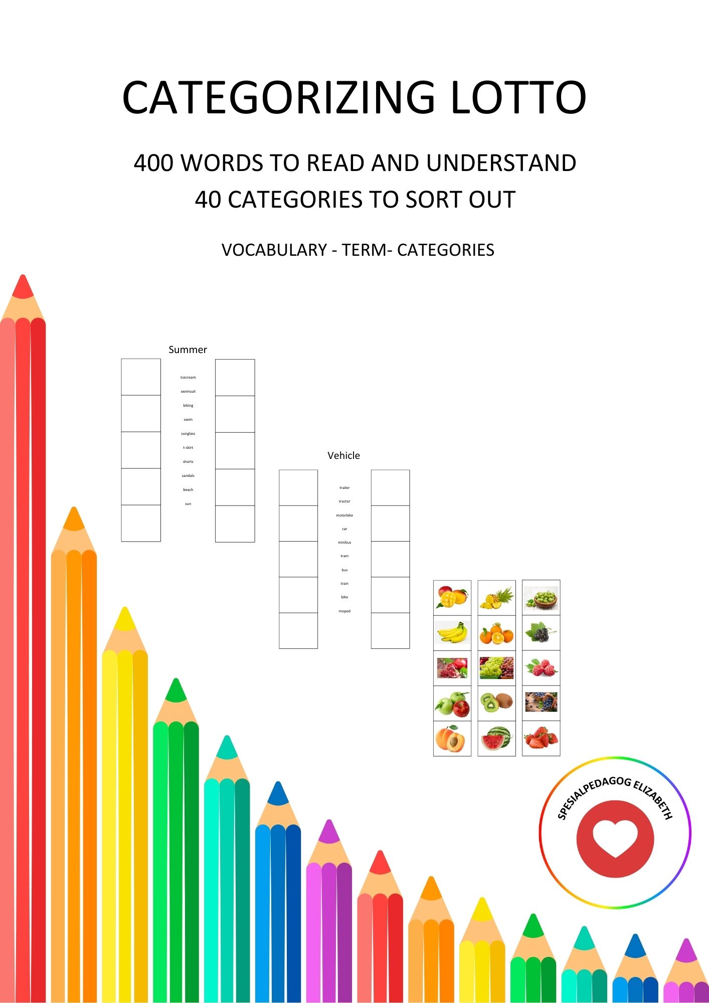 Kategoriseringslotto – 400 engelske ord å lese og forstå – 40 kategorier