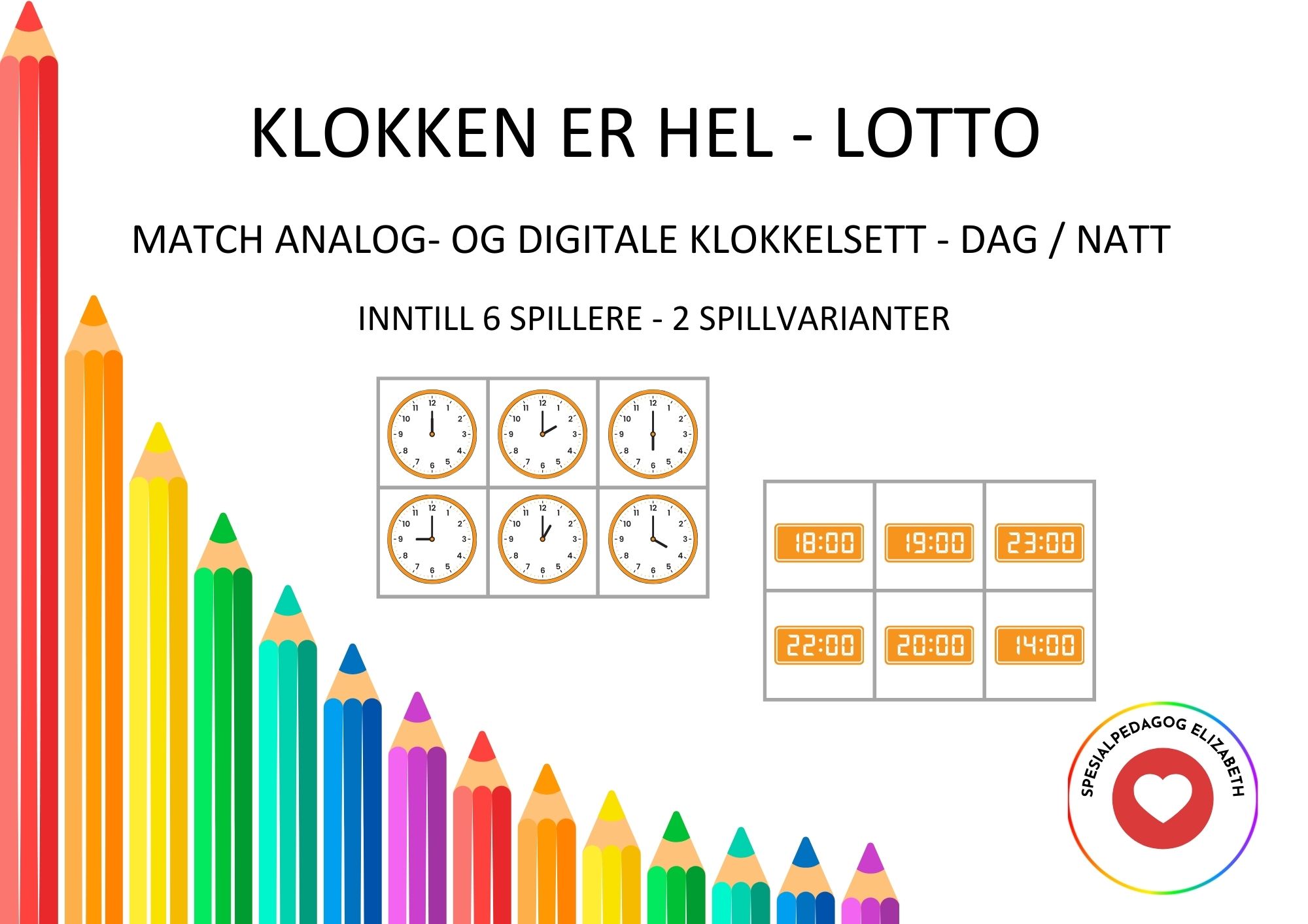 Klokken er hel – lotto spill, match analog og digital klokketid