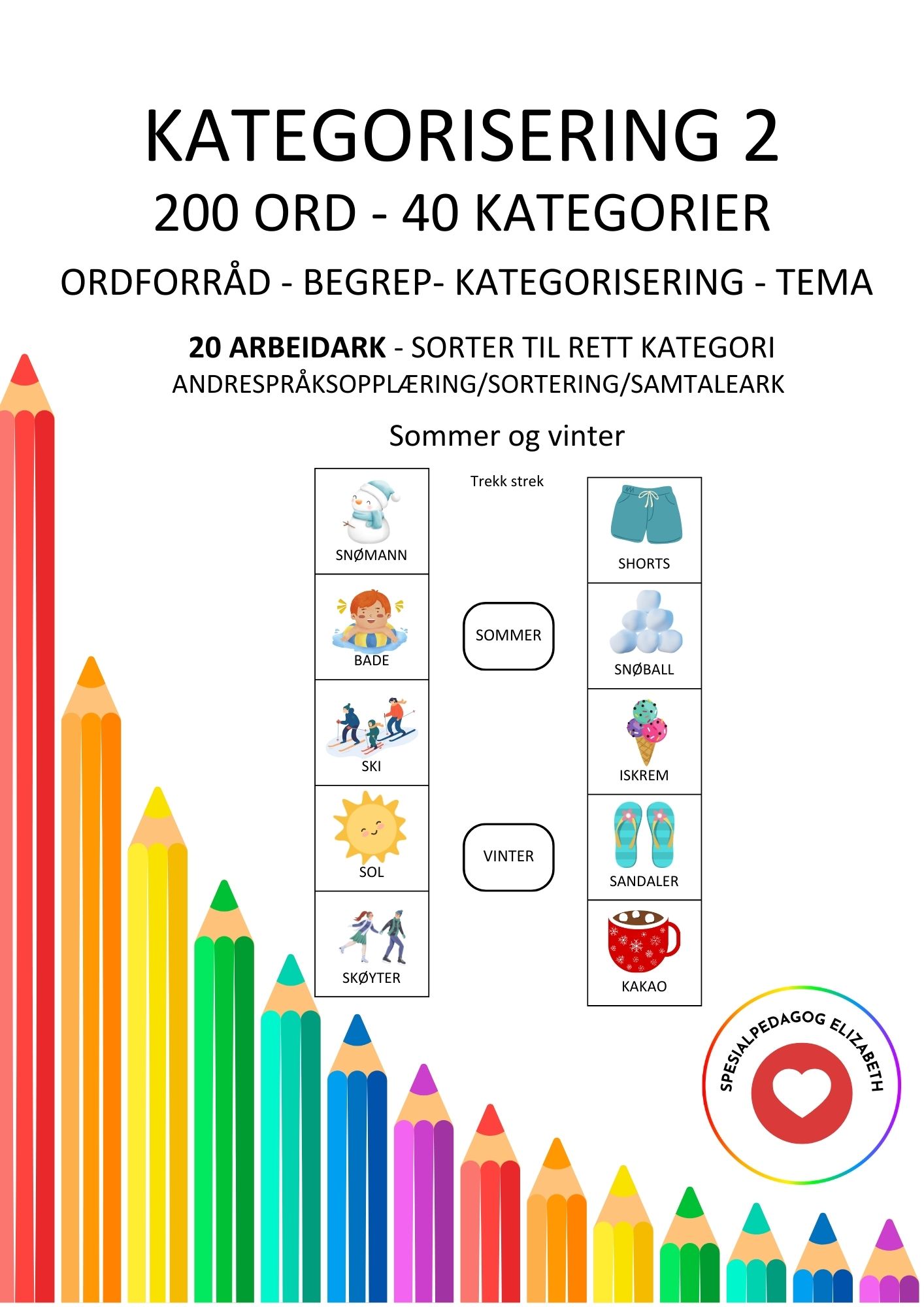 Kategorisering 2 – 20 arbeidsark med 200 ord og 40 kategorier – ordforråd, kategorisering, begrep, tema