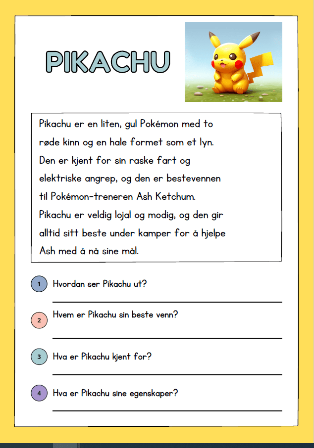 Pokemon – leseforståelse, 4 tekster med spørsmål