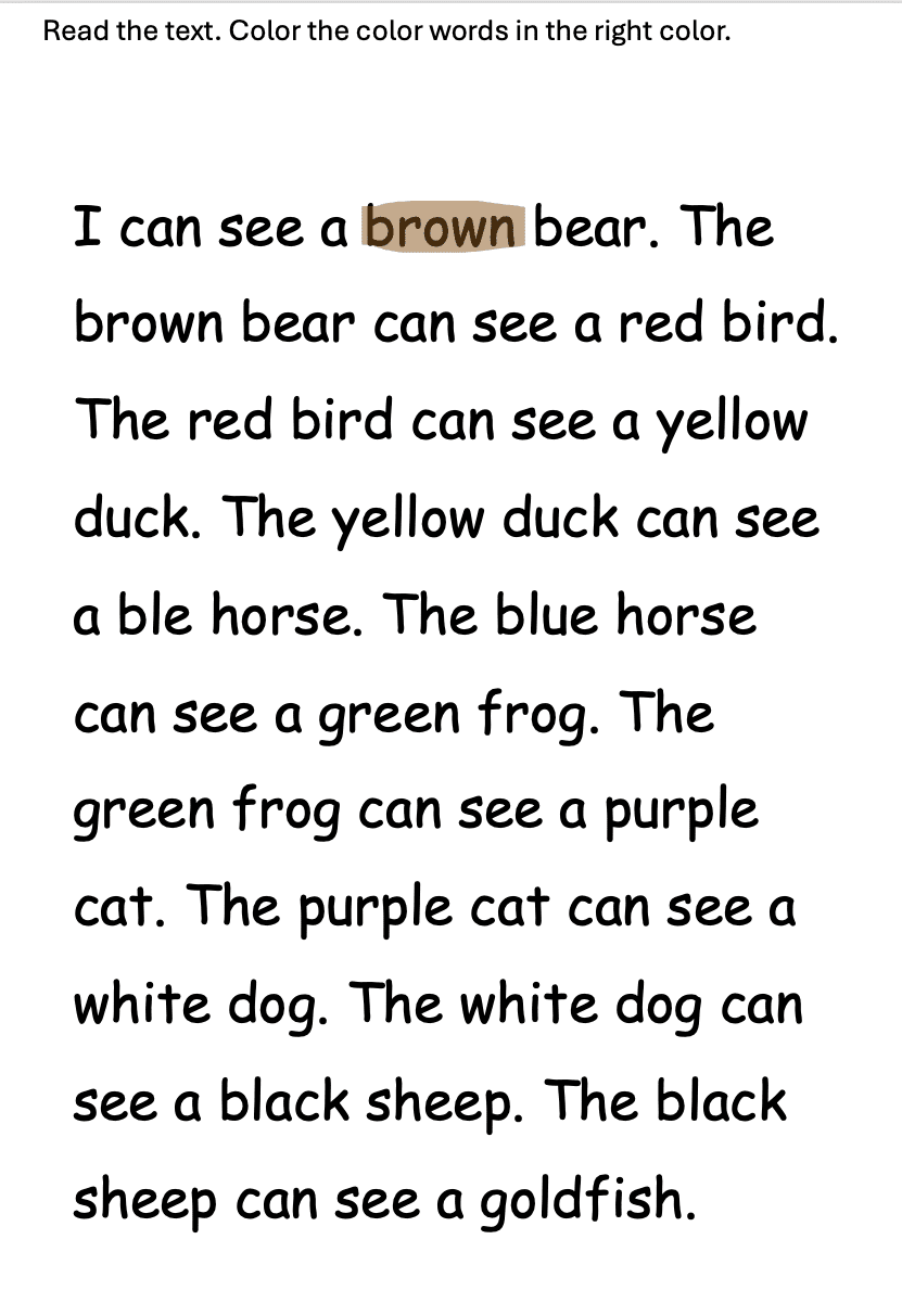 Leseoppgaver til den engelske boka Brown Bear, Brown Bear, What do you see?