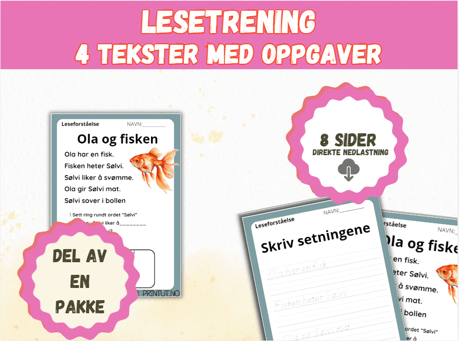 Lesetrening (3) – 4 tekster med oppgaver (8 sider), del av en pakke