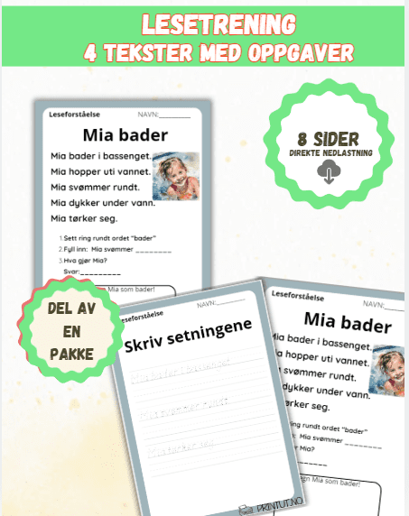 Lesetrening (5) – 4 tekster med oppgaver (8 sider), del av en pakke