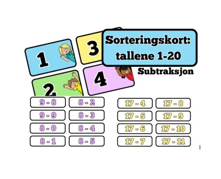 Sorteringskort: tallene 1-20 (subtraksjon)