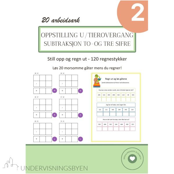 Subtraksjon og oppstilling UTEN tierovergang - to- og tre sifre - 120 regnestykker med gåter