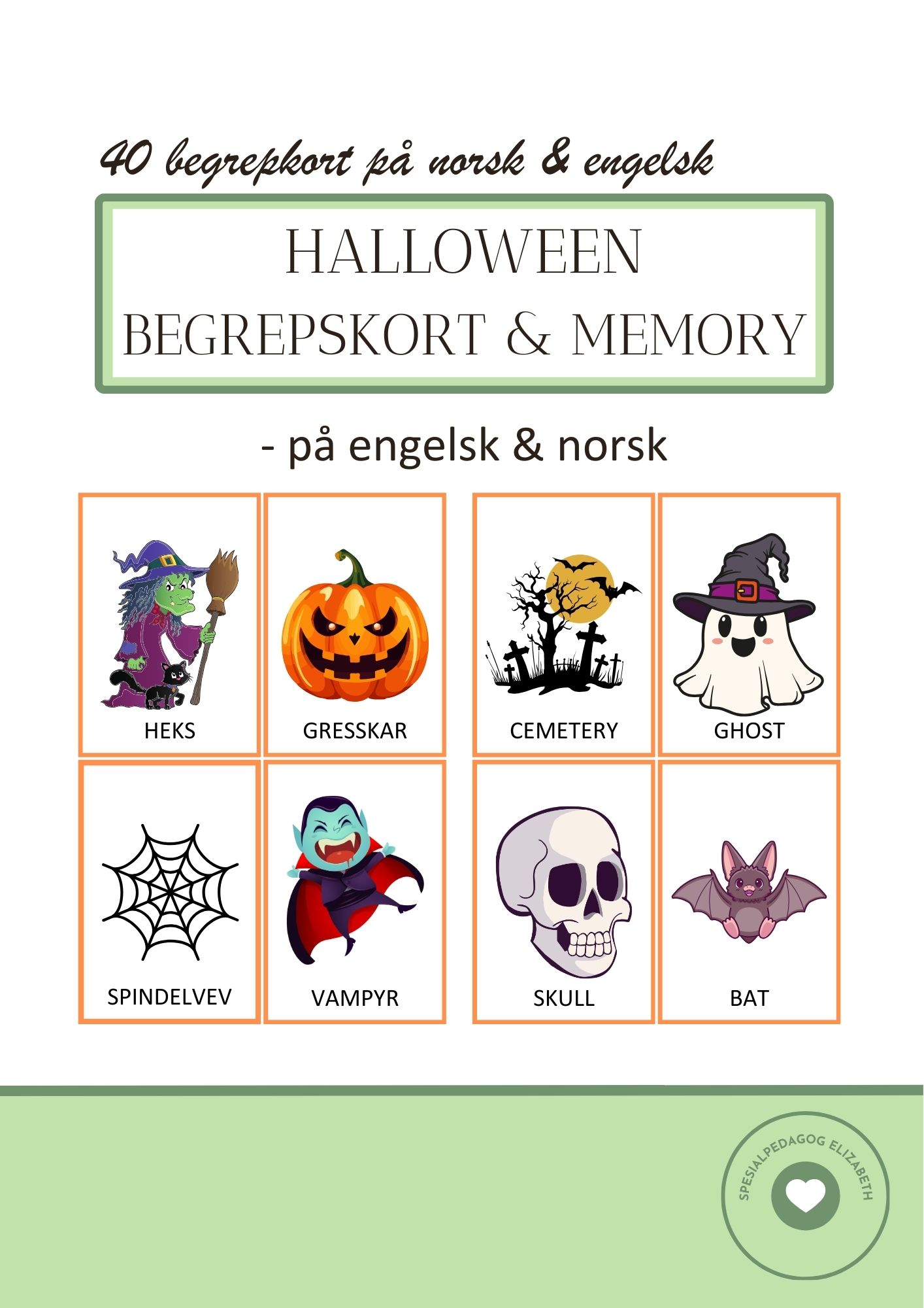 Halloween begrepskort & memory - på norsk og engelsk