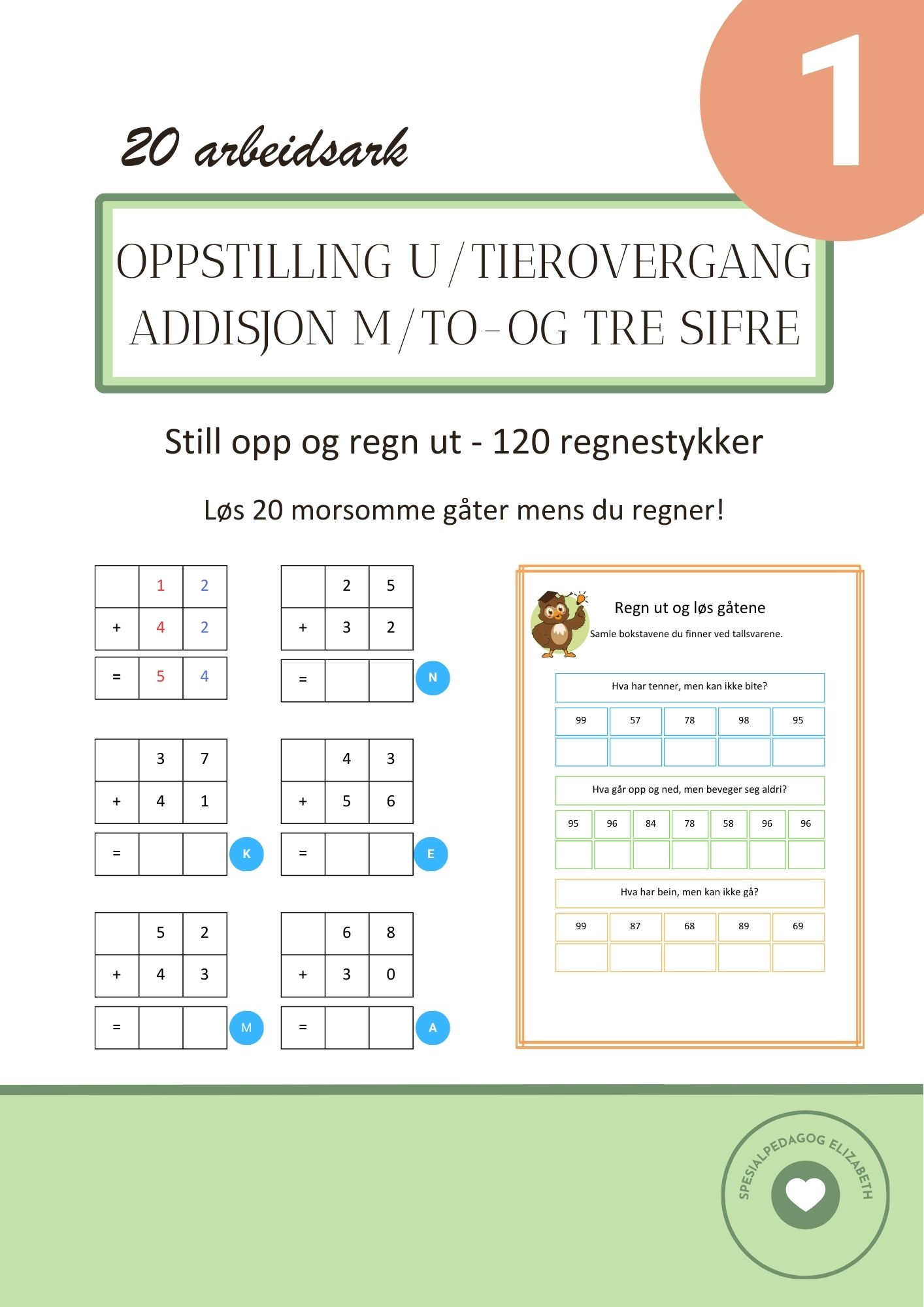 SAMLEPAKKE - Addisjon + subtraksjon med oppstilling UTEN tierovergang - to-og tre sifre - 240 regnestykker med gåter - Bilde 2