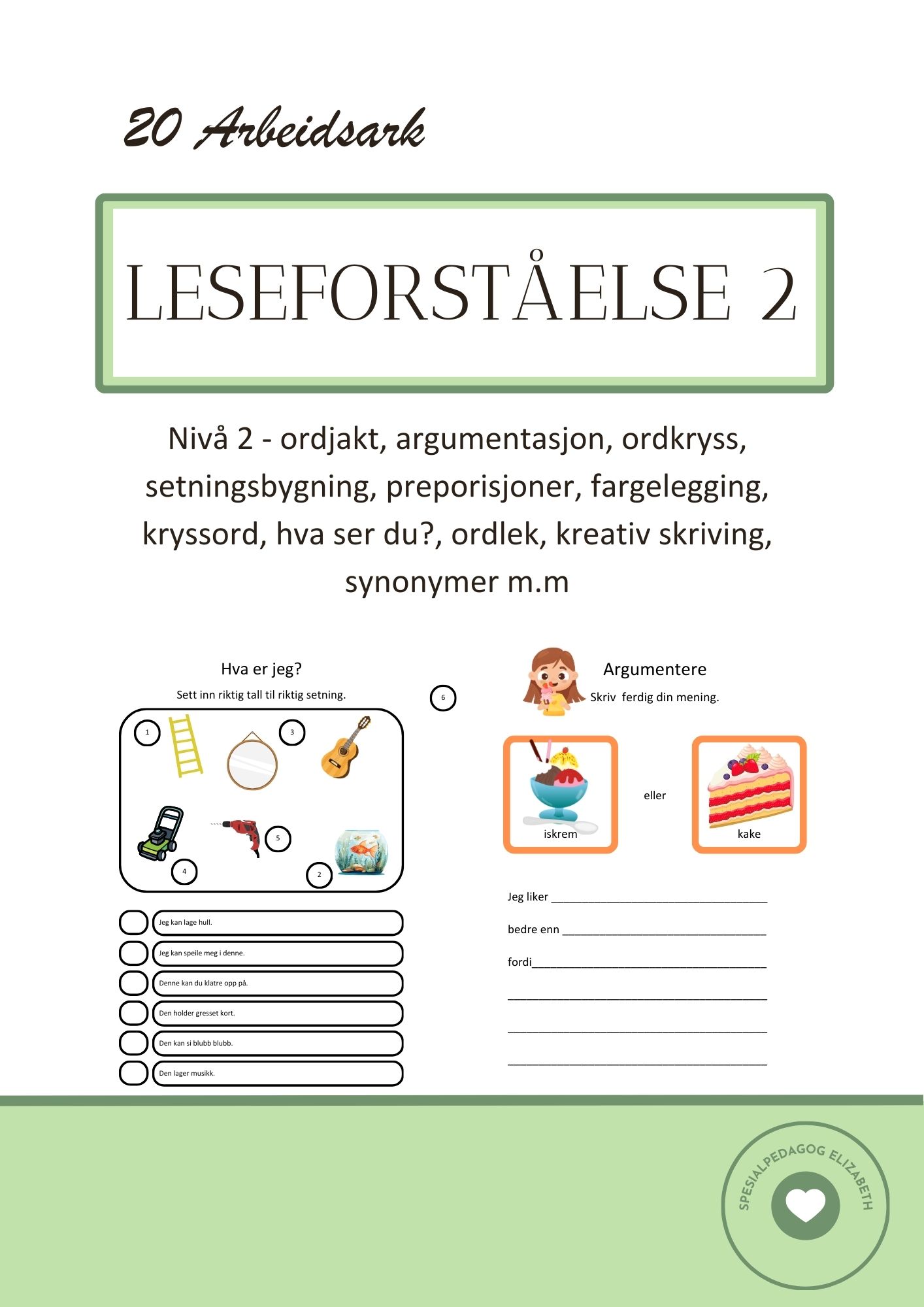 Leseforståelse 2 – 20 siders arbeidshefte med ulike type oppgaver – nivå 2