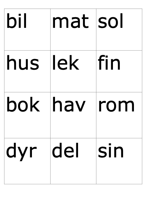 Ordkort BM (to-tre-fire-fem-lydsord) – lydtrening – ordgjenkjenning