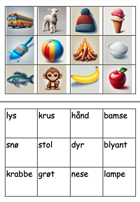 Matche ord og bilder – BM – 72 ordkort med tilhørende bilder