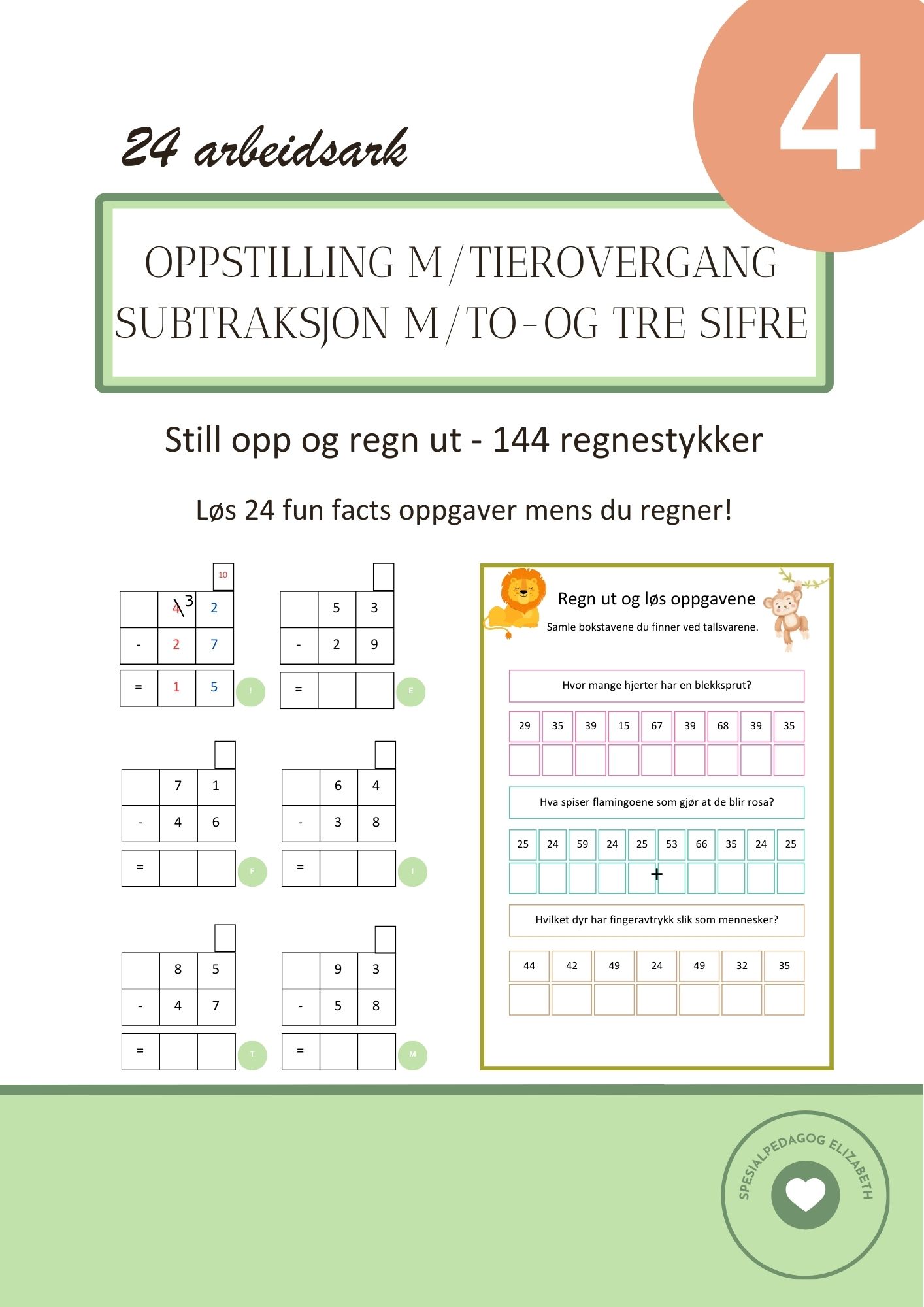 SAMLEPAKKE - Addisjon og subtraksjon oppstilling MED tierovergang - to-og tre sifre - 280 regnestykker med fun fact oppgaver - Bilde 9