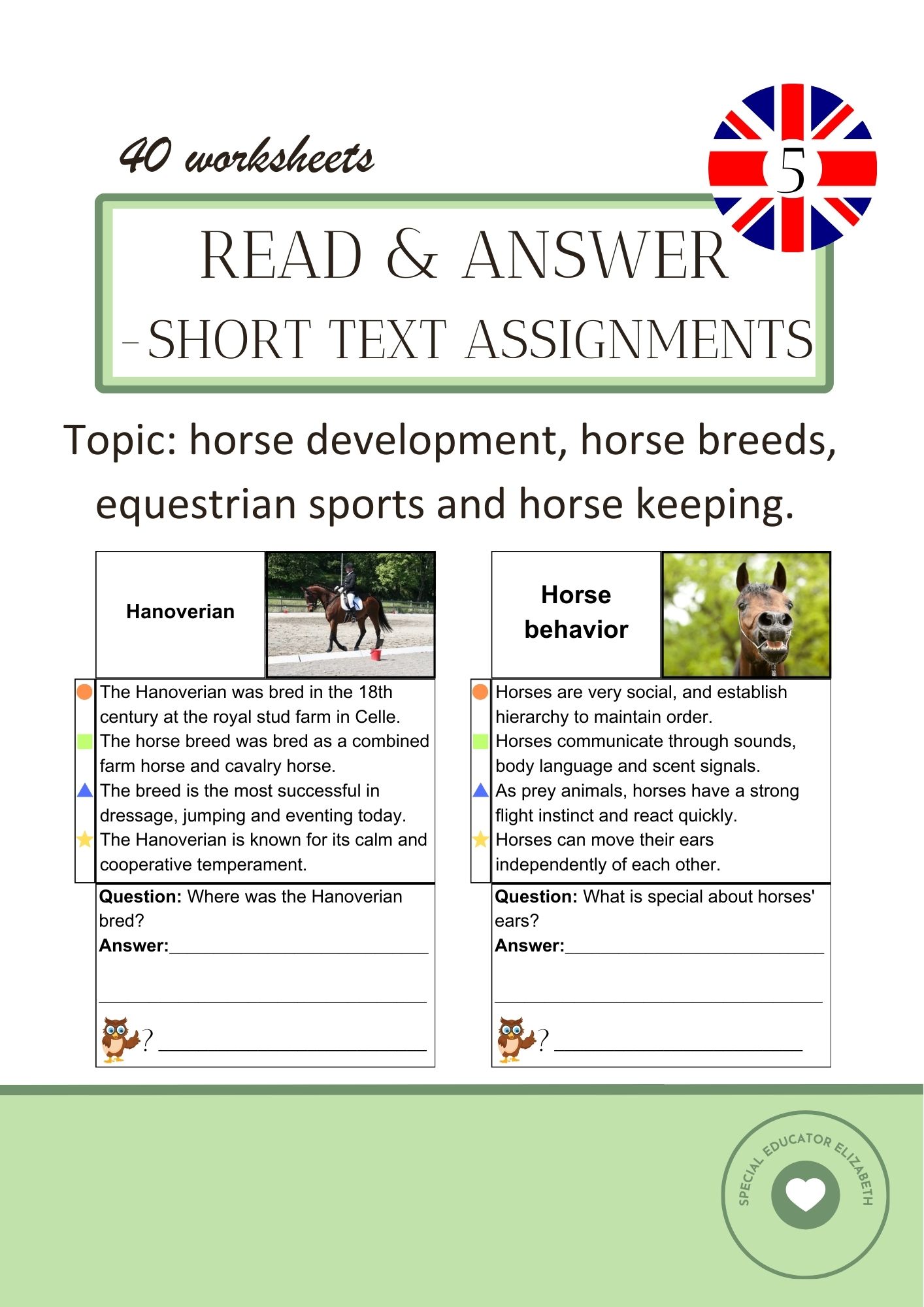 Read & answer 5 - short text assignments - horse development, horse breeds etc