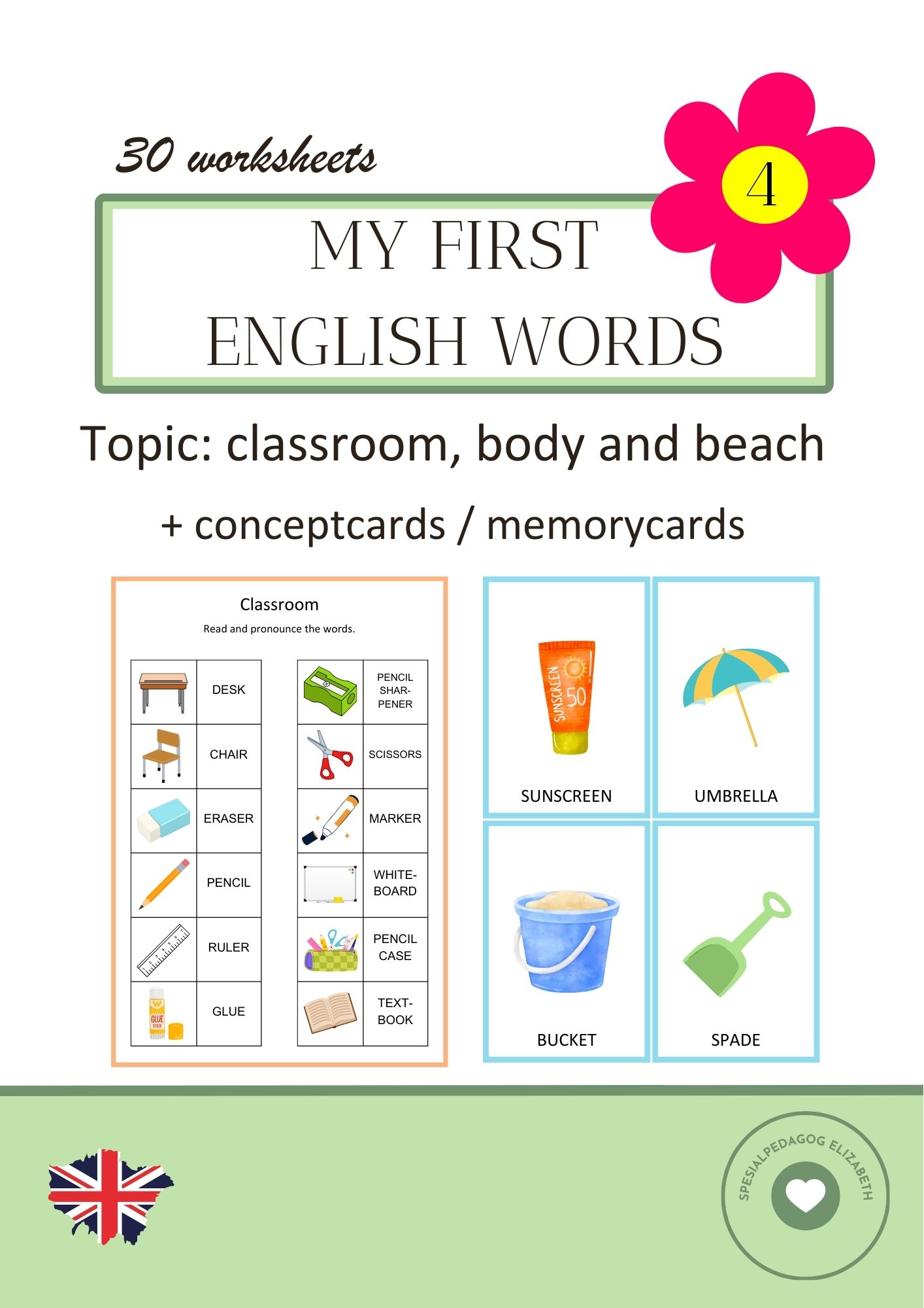My first english words 4 - classroom, body and beach