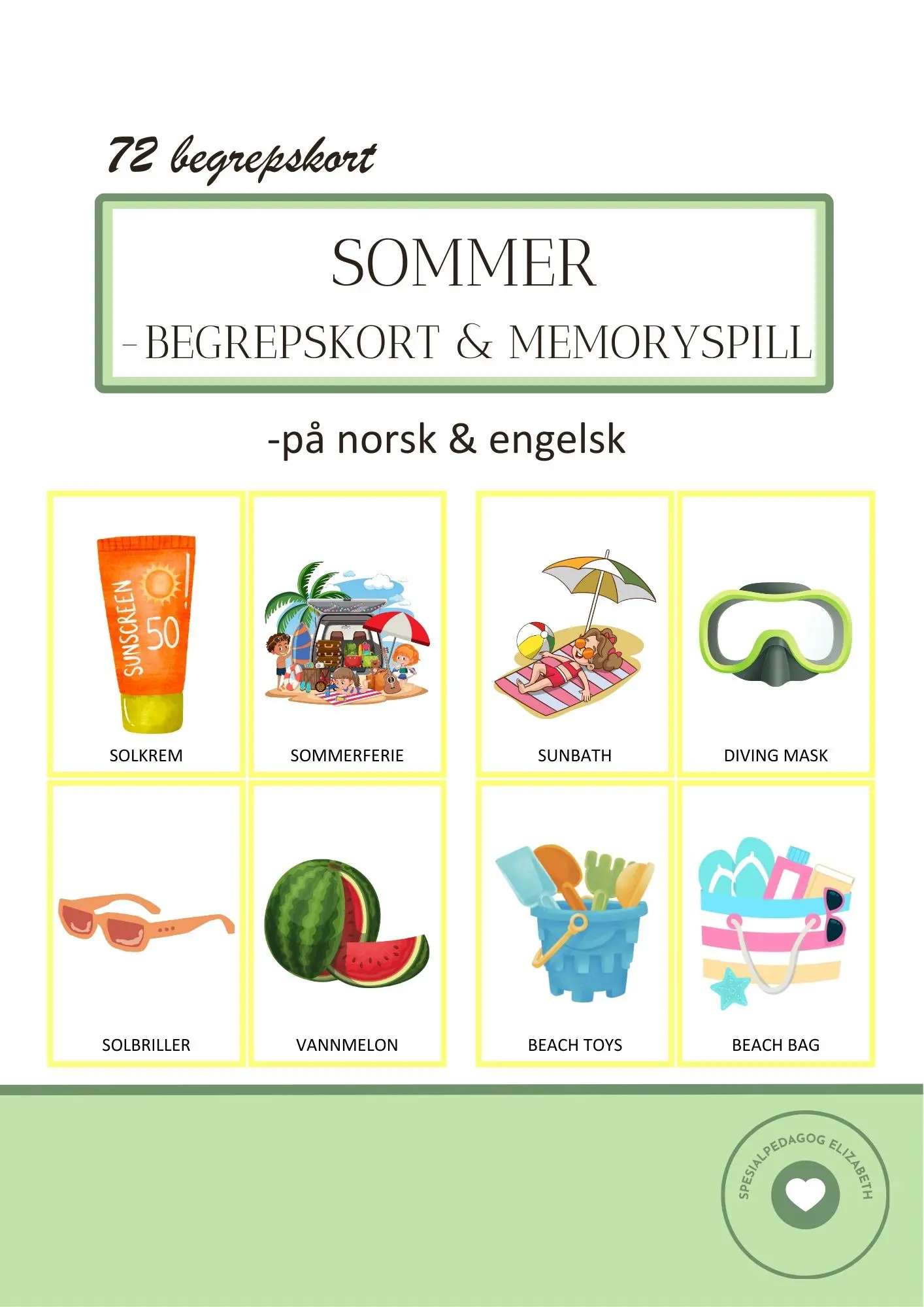 Sommer - begrepskort og memoryspill - på norsk & engelsk