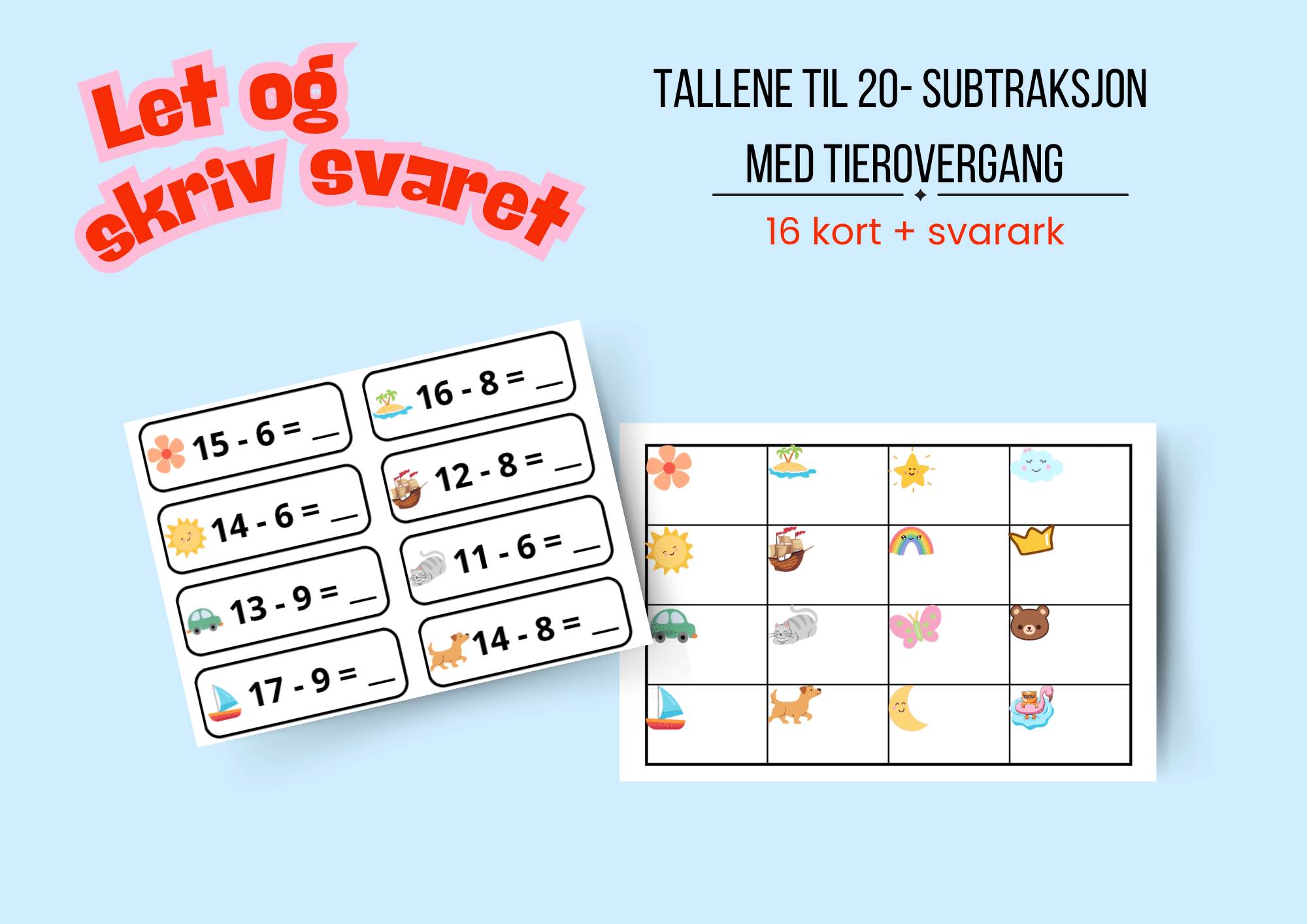 Let og skriv svaret: Tallene til 20- Subtraksjon (Med tierovergang)