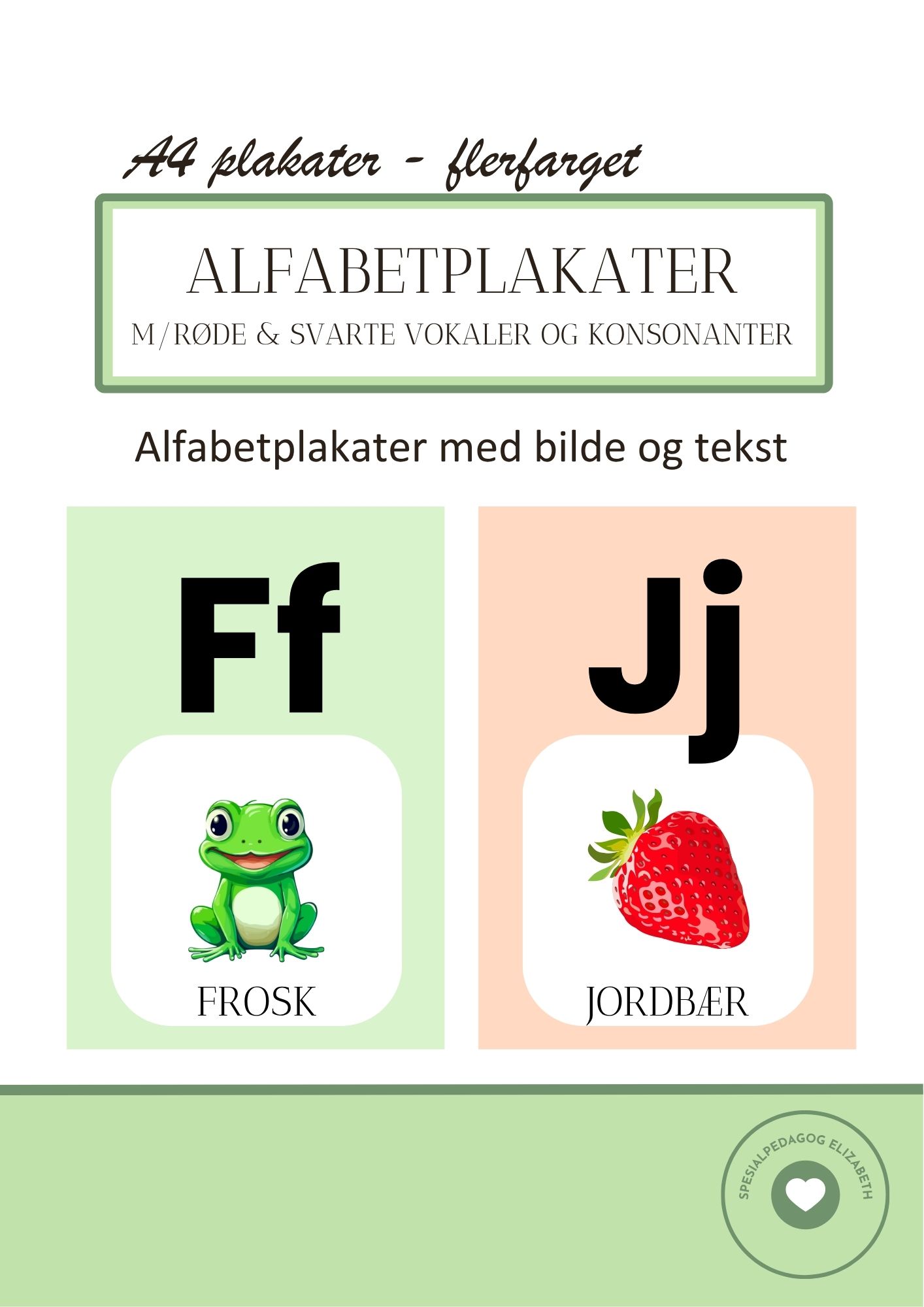 Alfabetplakater – med røde og svarte vokaler og konsonanter – flerfarget design