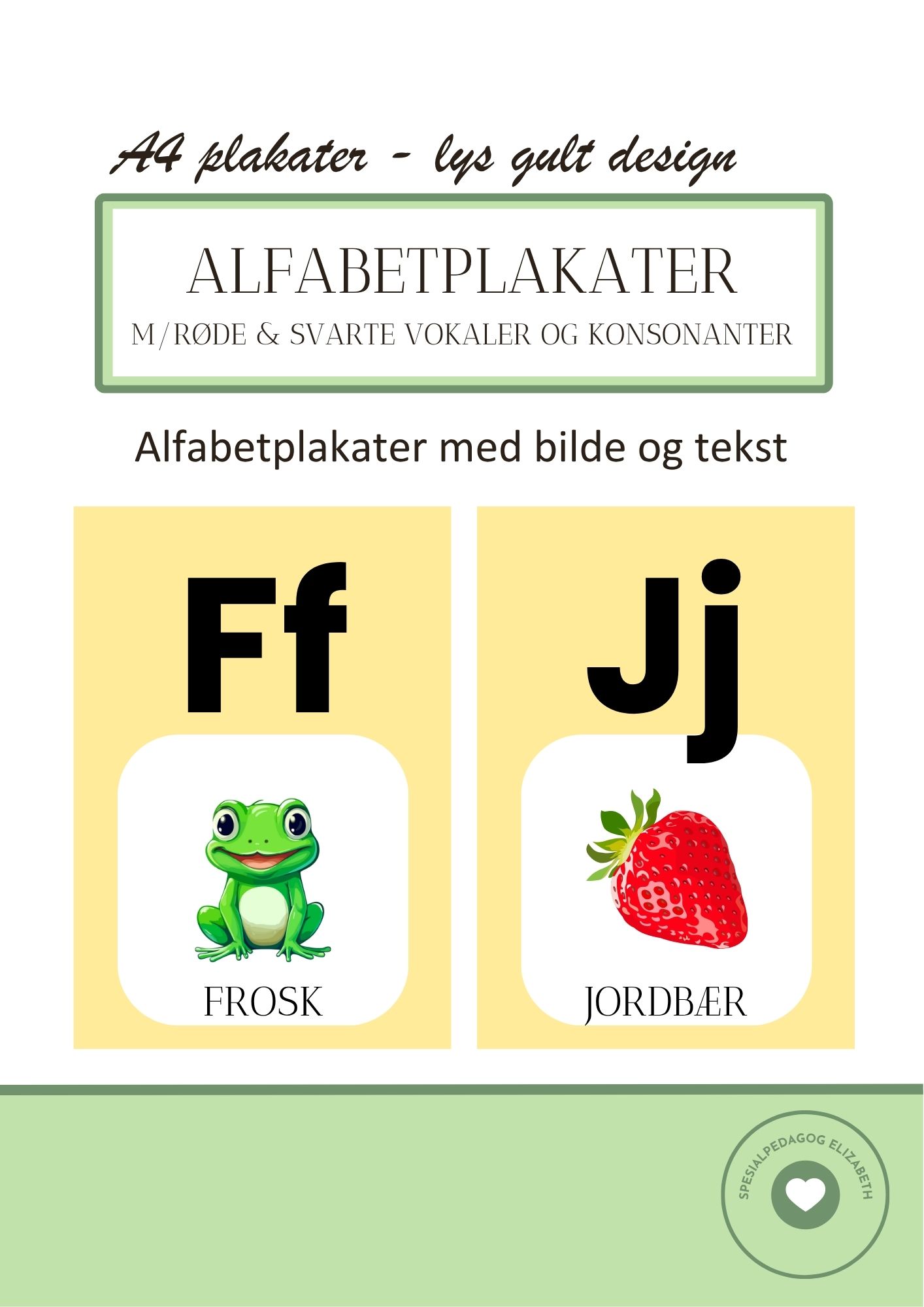 Alfabetplakater – med røde og svarte vokaler og konsonanter – gult design