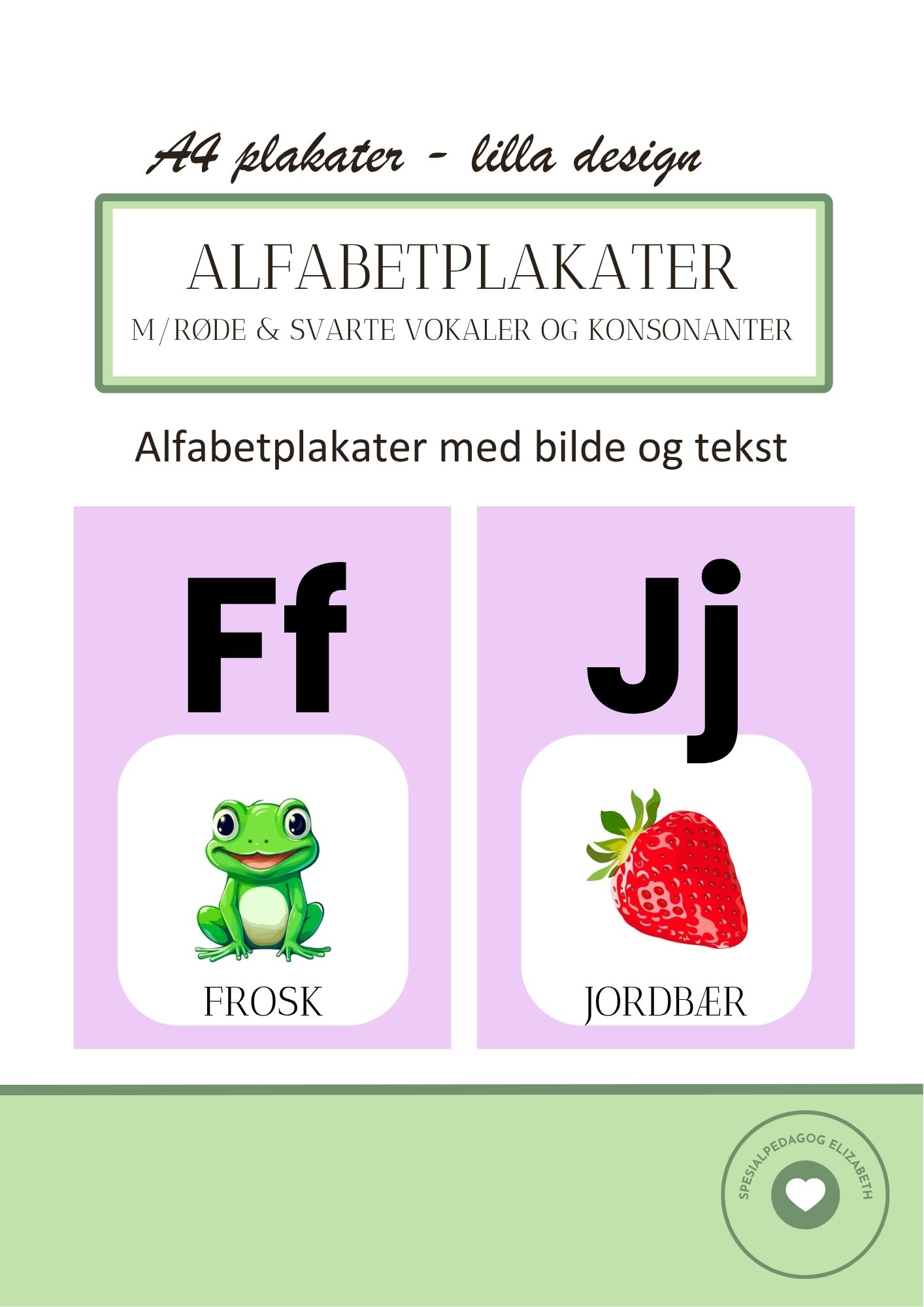 Alfabetplakater - med røde og svarte vokaler og konsonanter - lilla design