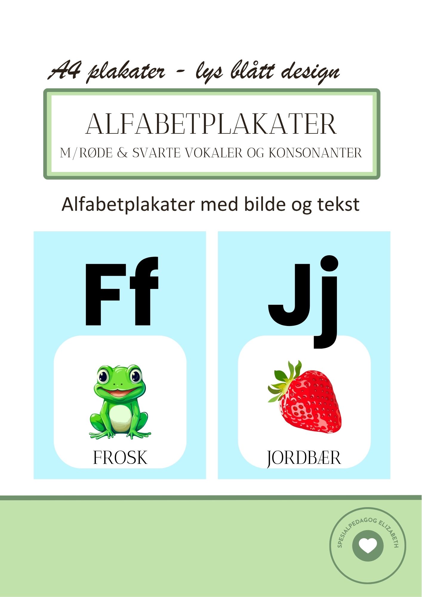 Alfabetplakater – med røde og svarte vokaler og konsonanter – lys blått design