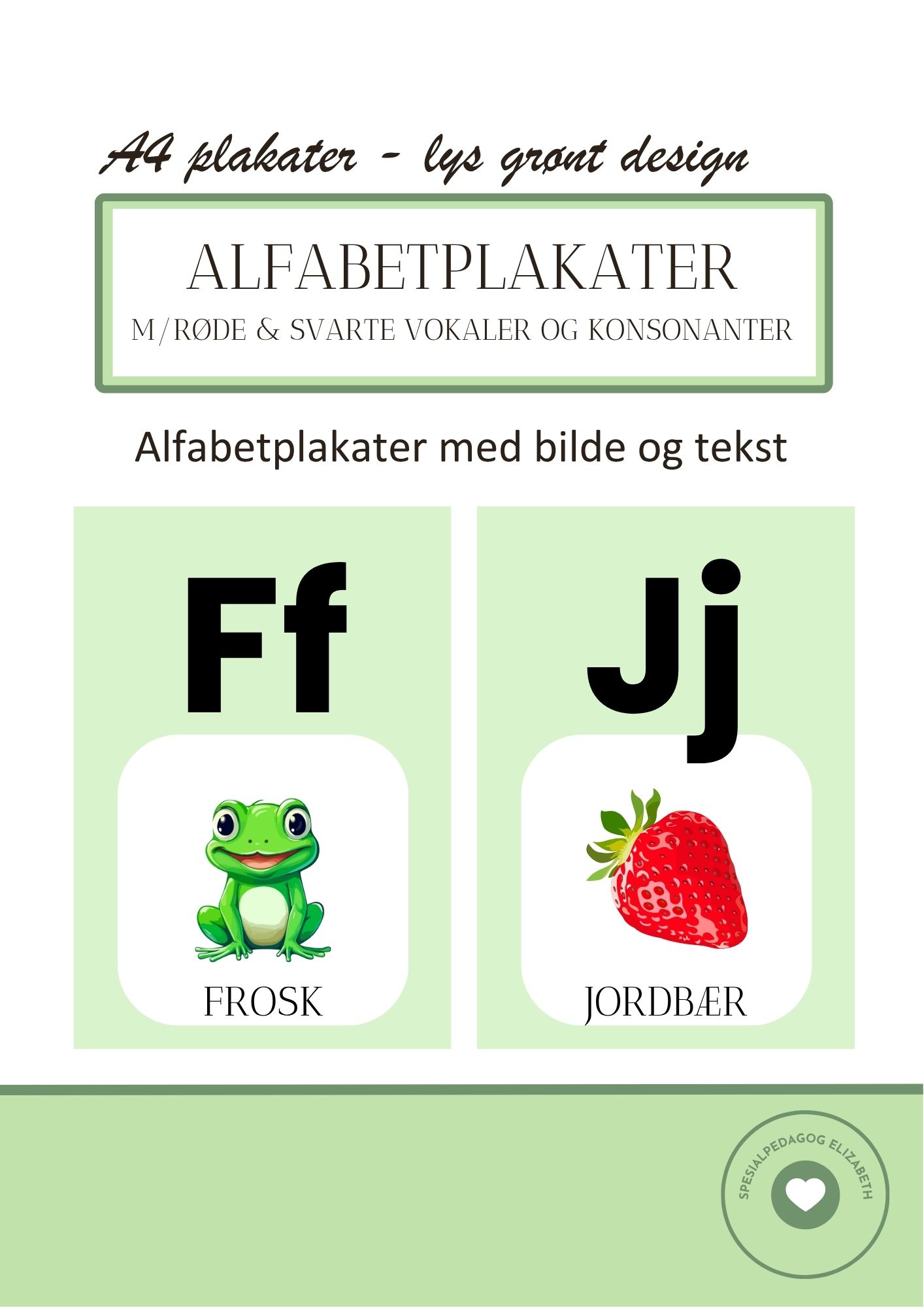 Alfabetplakater – med røde og svarte vokaler og konsonanter – lys grønt design