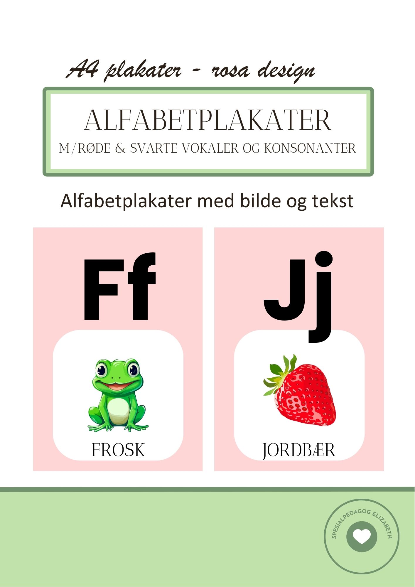 Alfabetplakater - med røde og svarte vokaler og konsonanter - rosa design