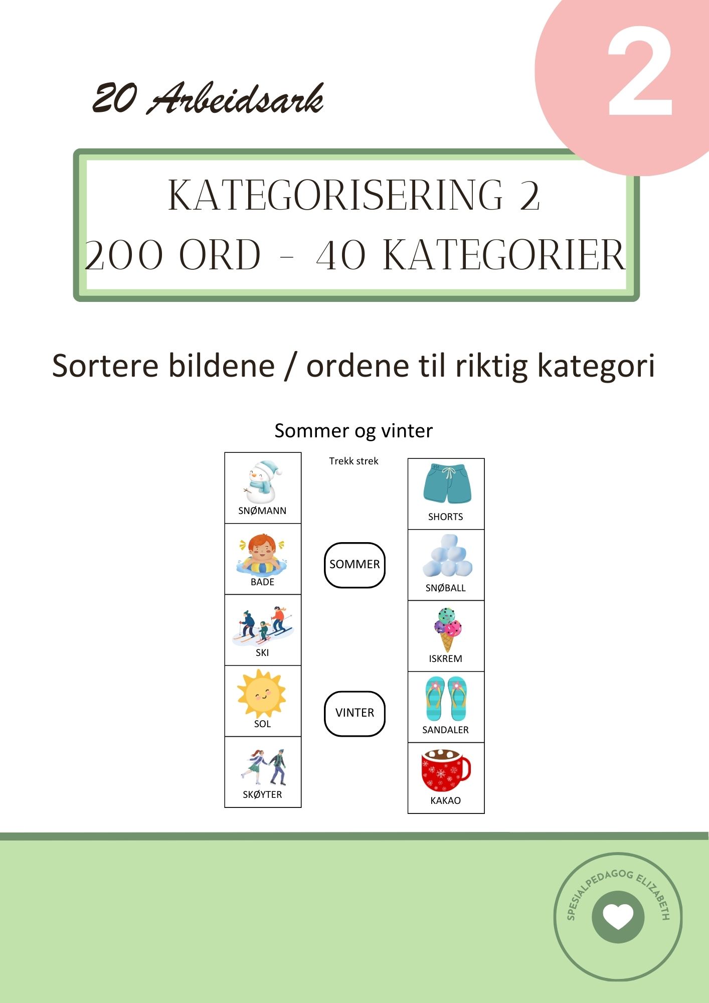 Kategorisering 2 - 20 arbeidsark med 200 ord og 40 kategorier - ordforråd, kategorisering, begrep, tema