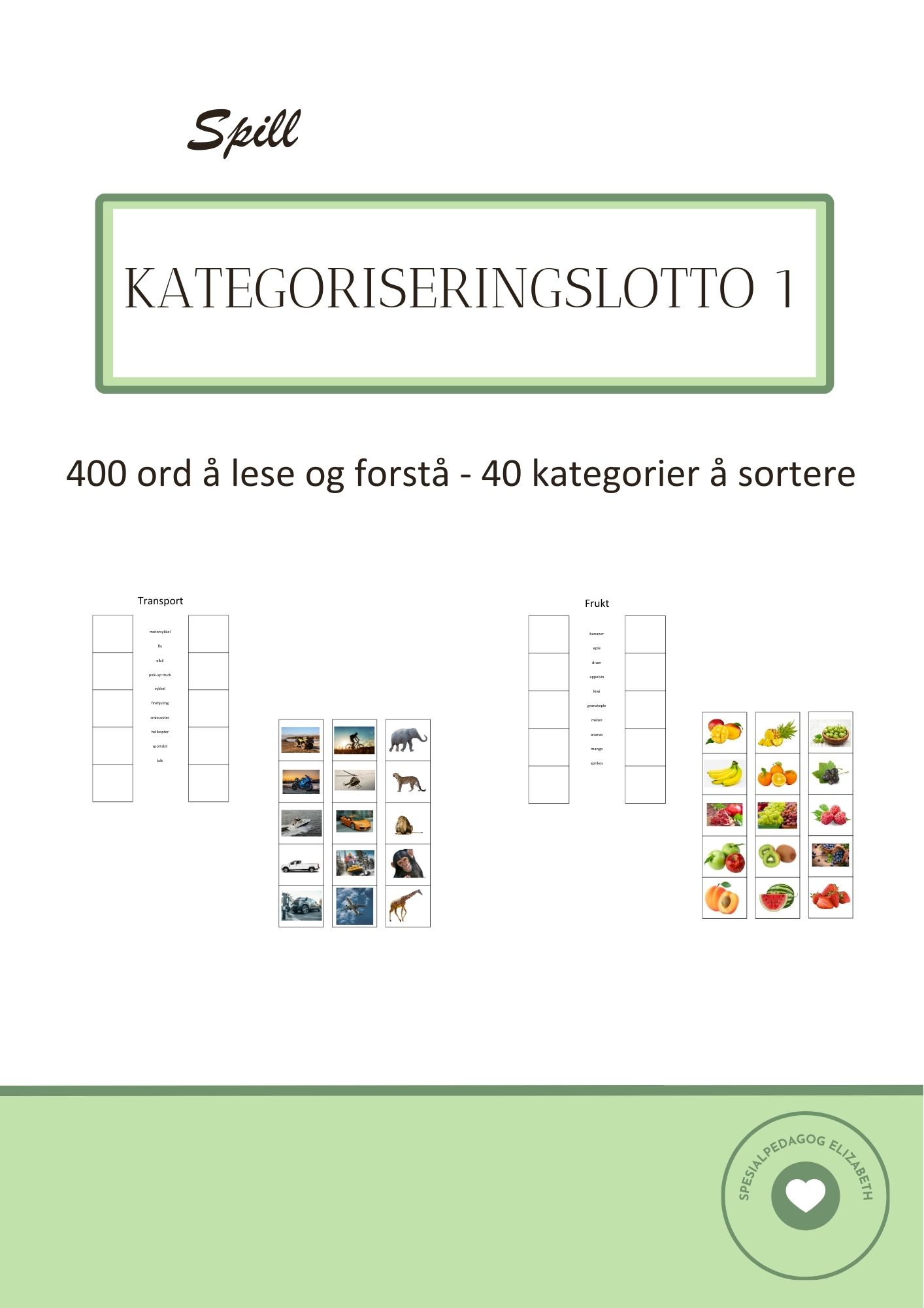 Kategoriseringslotto, 40 kategorier å sortere, 400 ord å lese og forstå