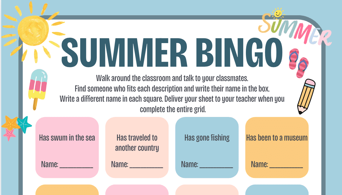 Summer bingo - engelsk