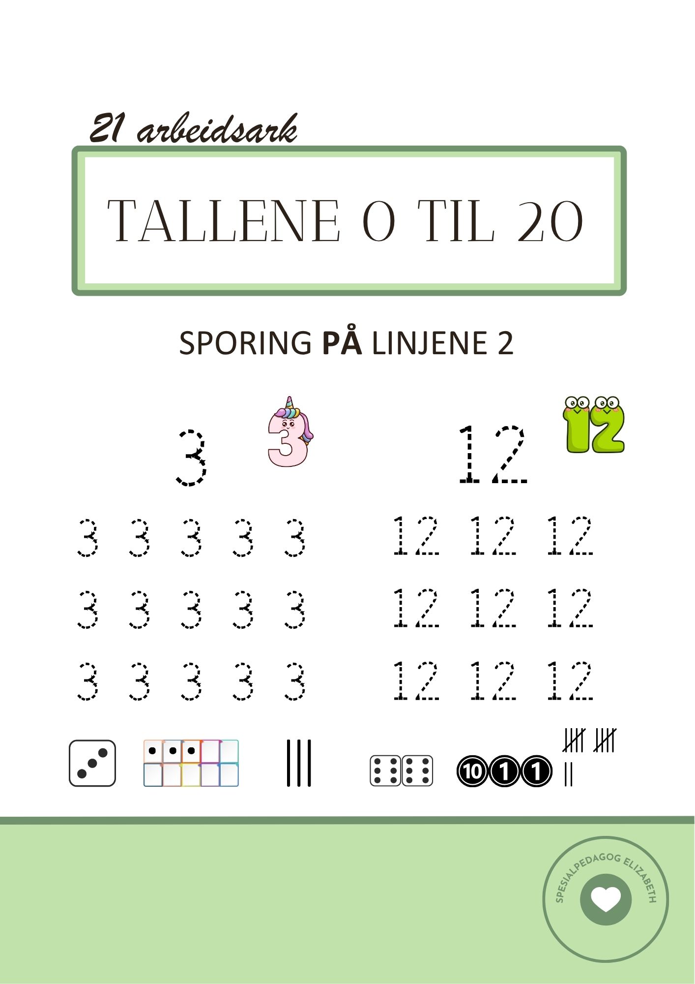 Tallene 1 til 20 med stiplede linjer