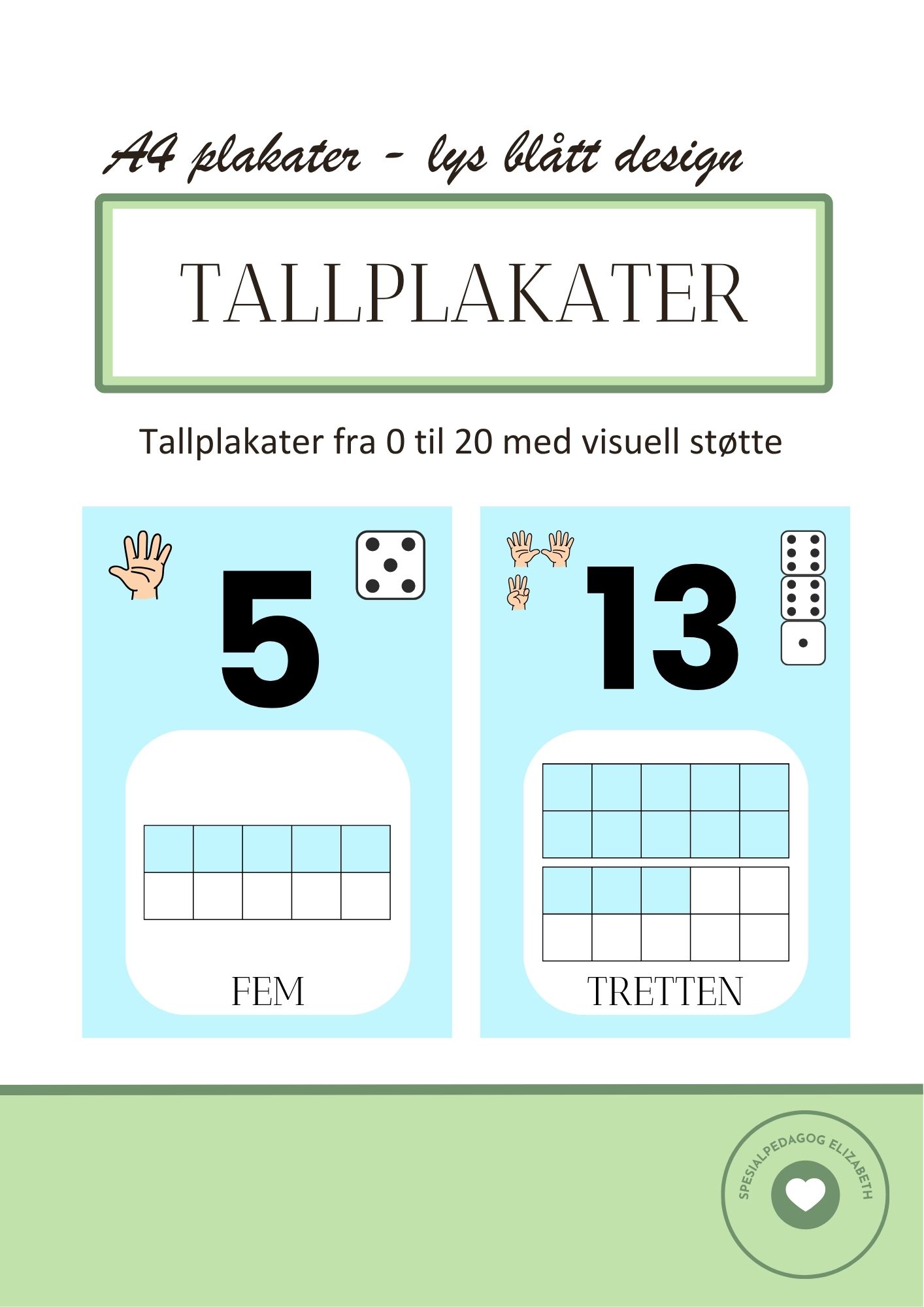 Tallplakater med tallene fra 0 til 20 - lys blått
