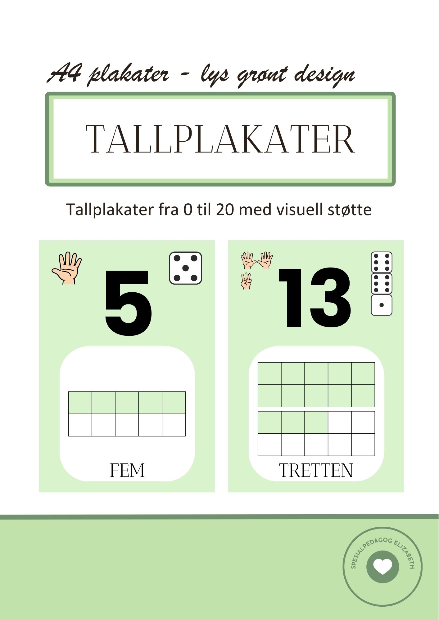 Tallplakater med tallene fra 0 til 20 - grønt design