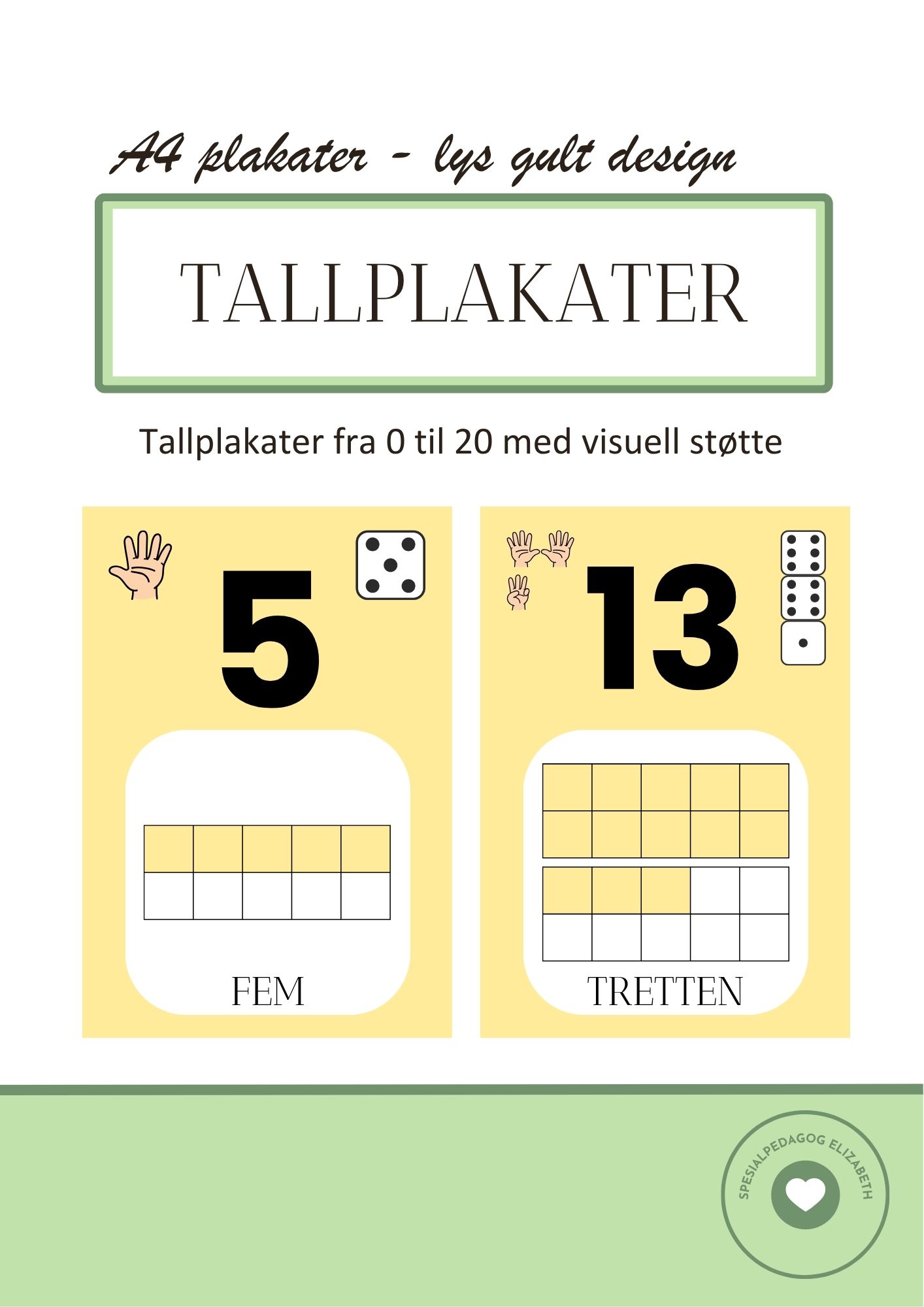 Tallplakater for tallene 0 til 20 - lys gult design
