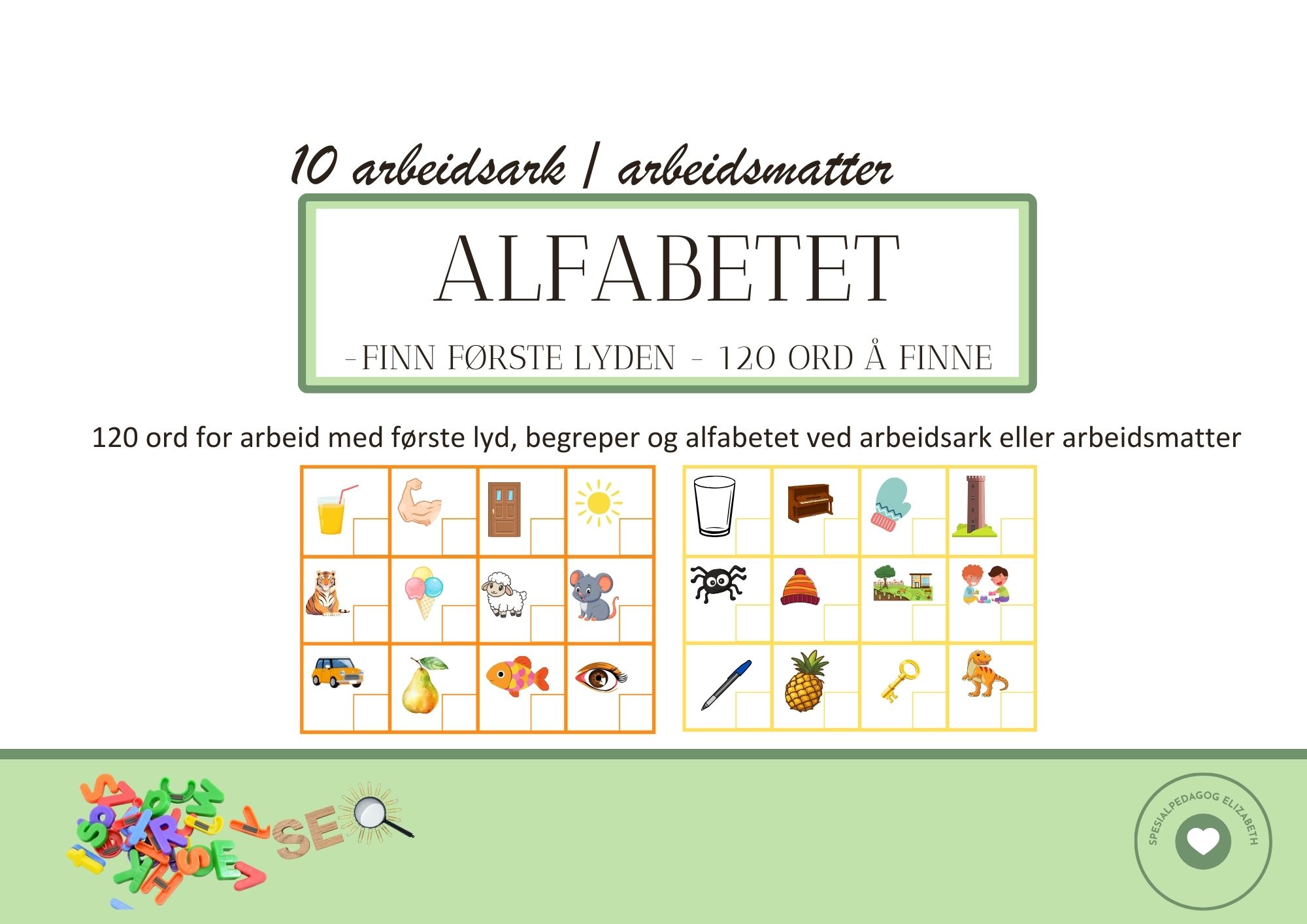 Alfabetet - finn første lyden til 120 ord - arbeidsark /arbeidsmatter