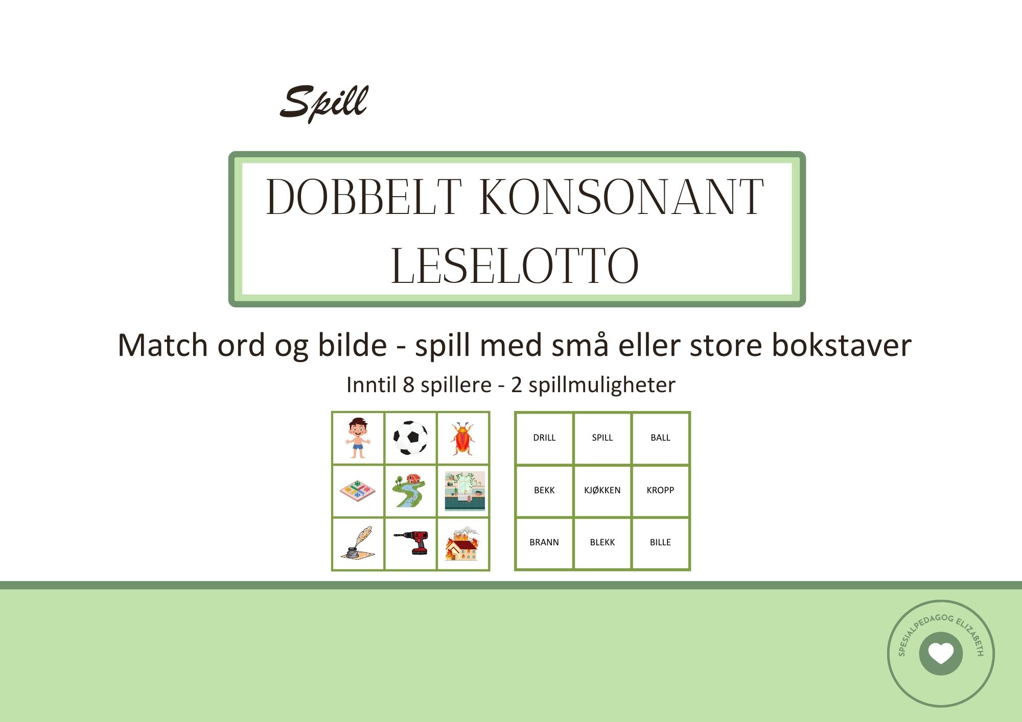 Dobbelt konsonant/ leselotto, små eller store bokstaver , inntil 8 spillere