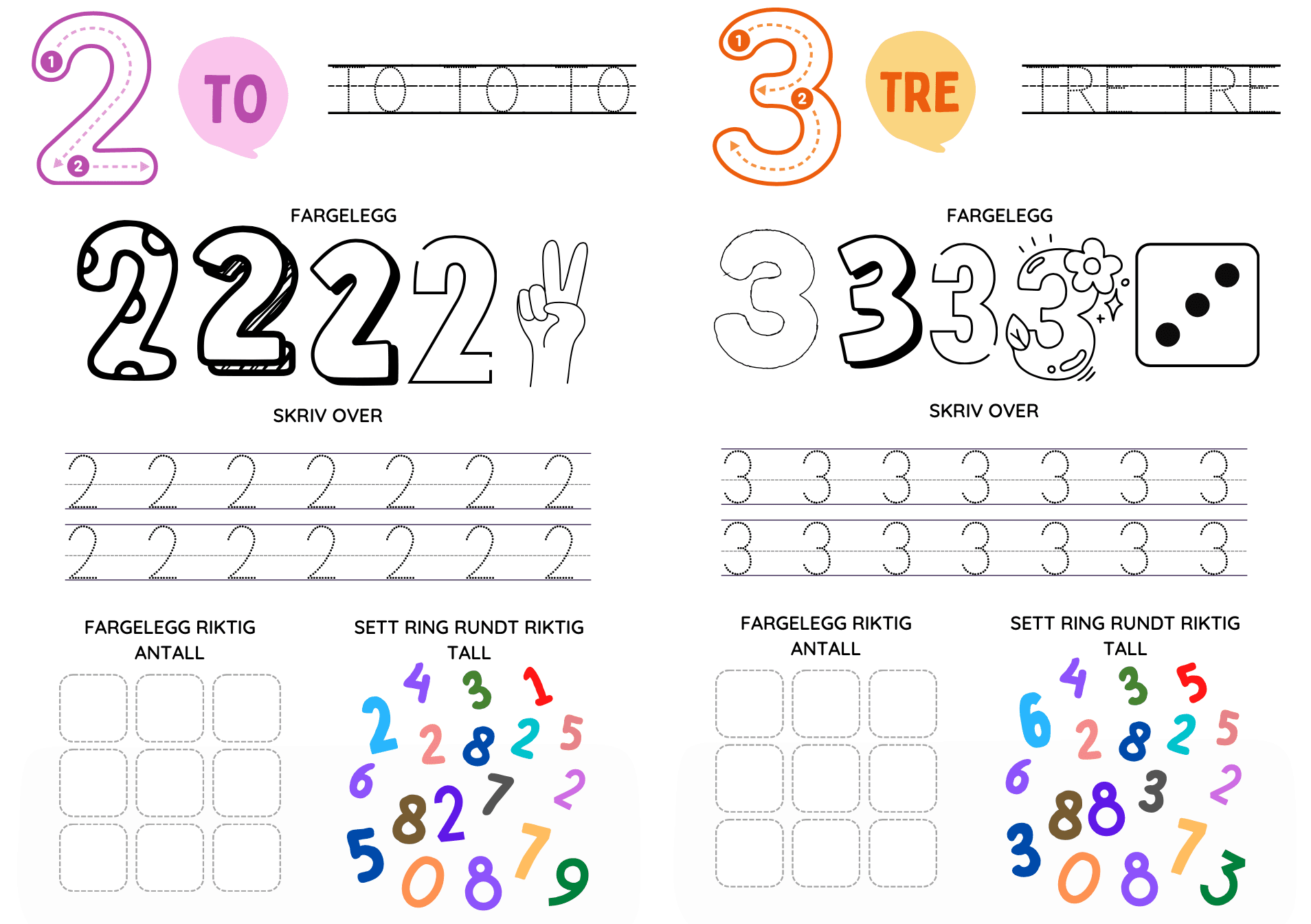 Mattehefte tall 1-9 (fargelegging og skrivetrening)