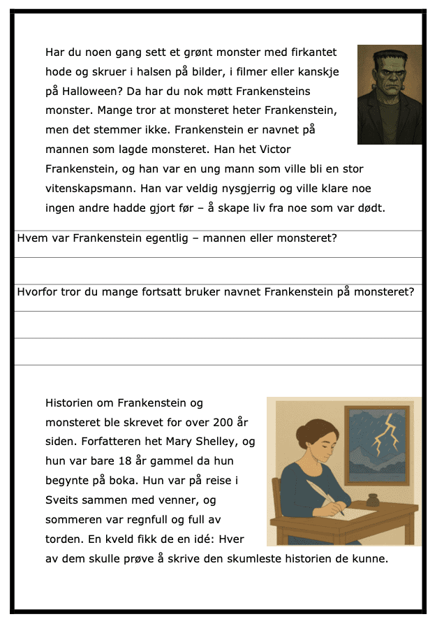 Hvem er Frankensteins monster? - BM - ca 4.-6.trinn - tekst med spørsmål - Bilde 2