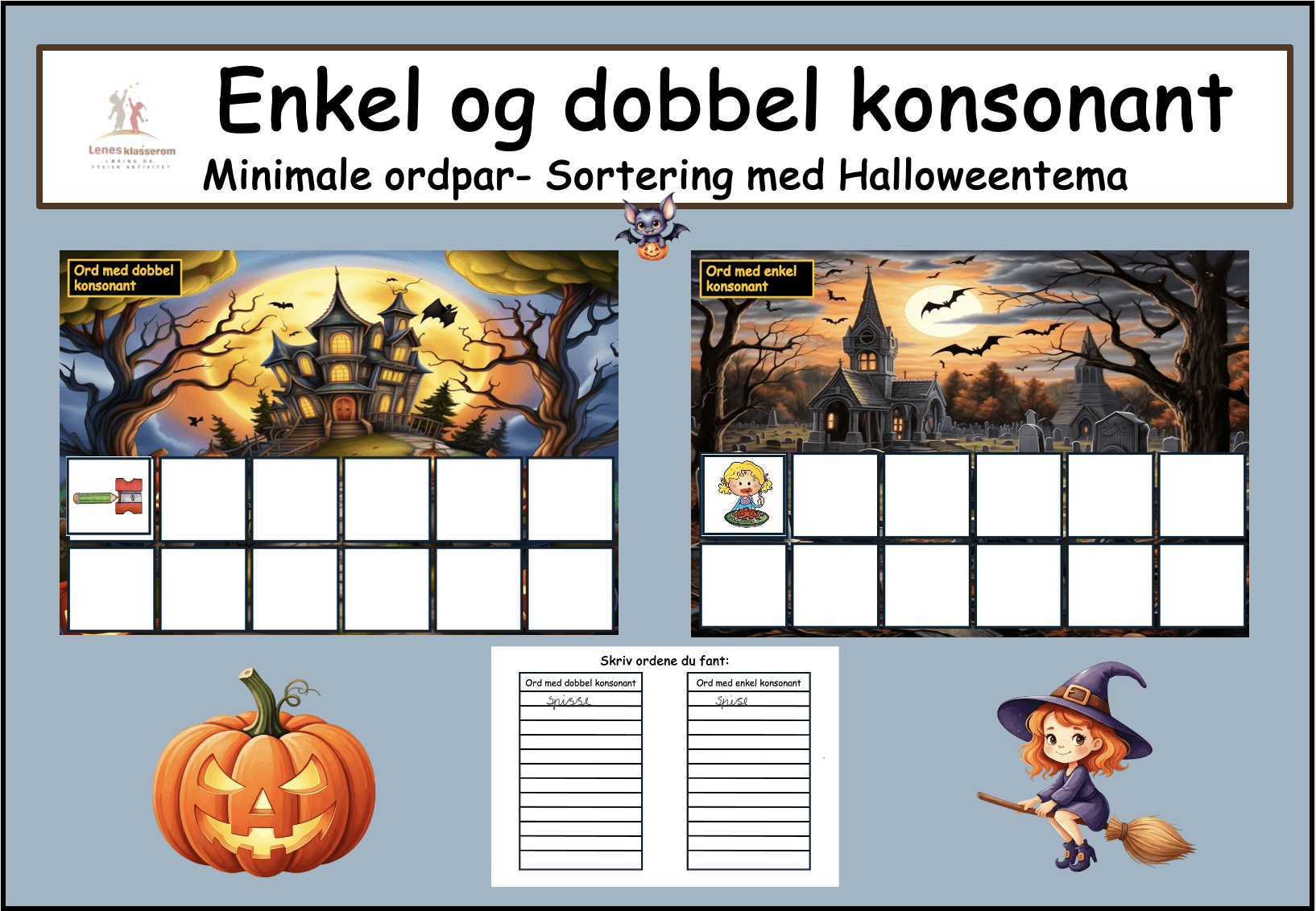 Enkel og dobbel konsonant- Sortering med Halloweentema