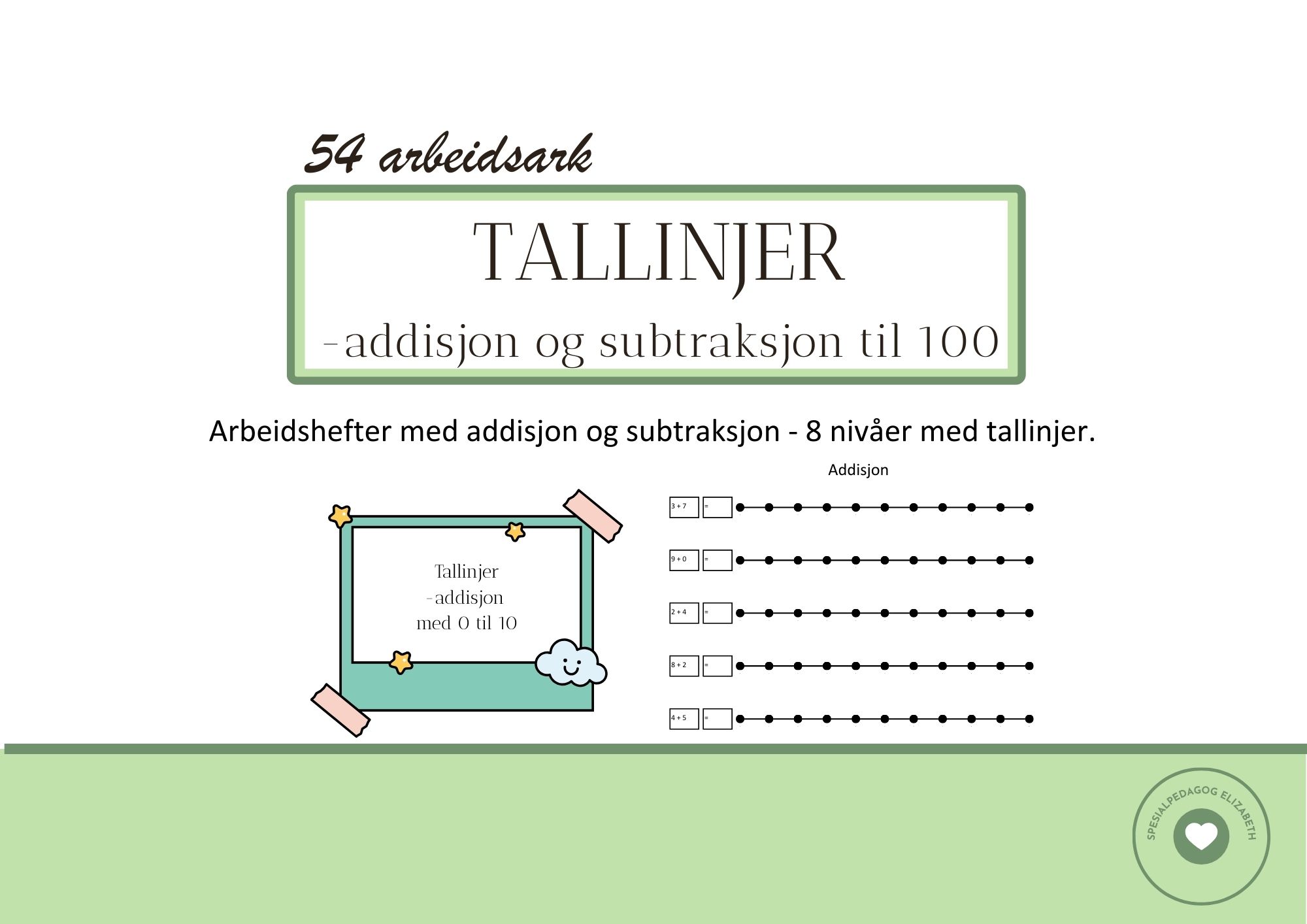 Tallinjer - addisjon og subtraksjon med tallene til 100 - 8 økende nivåer.