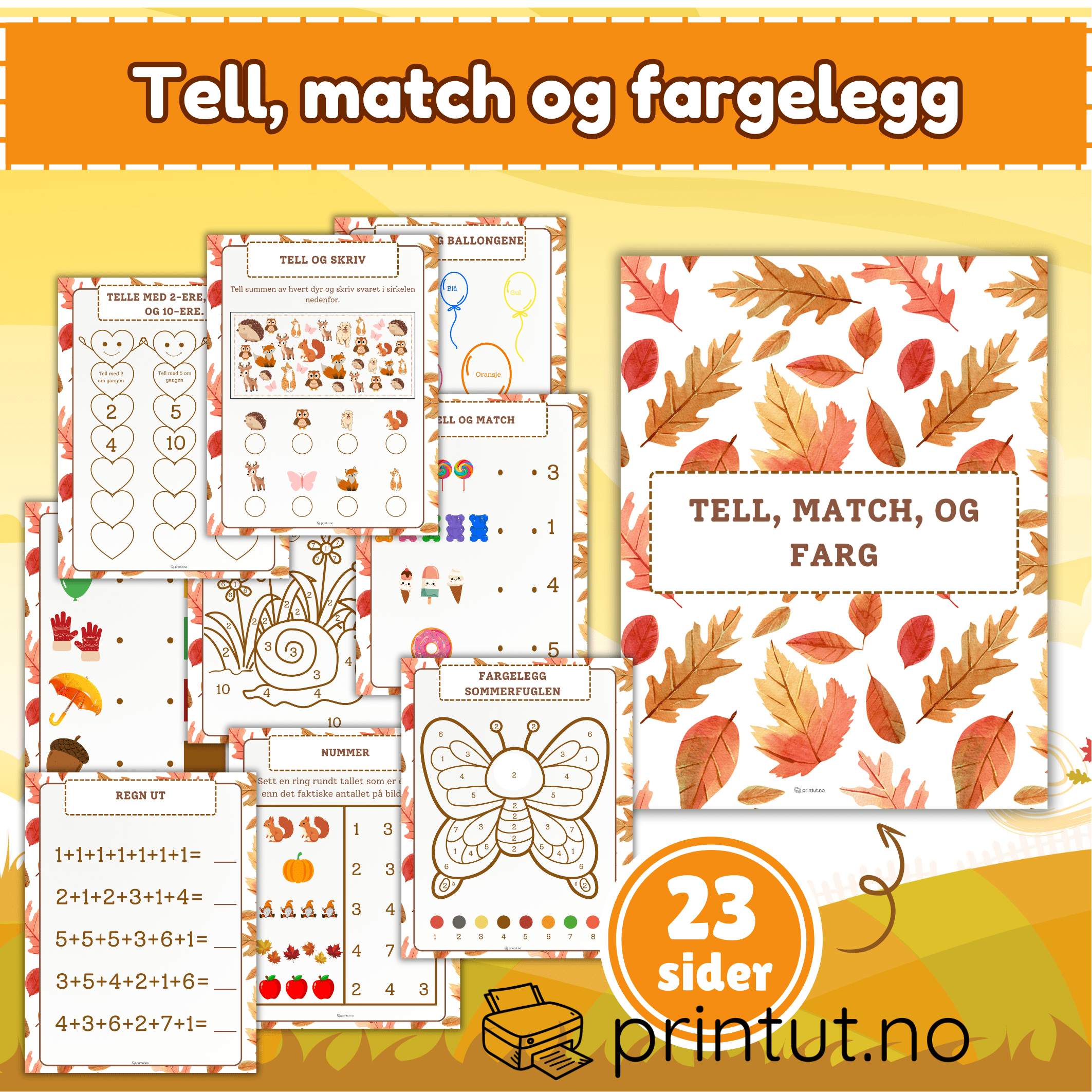 Høst-tell, match og fargelegg